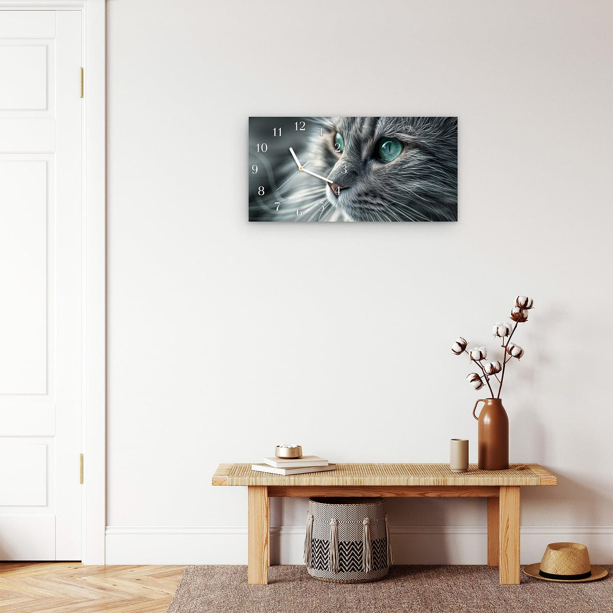 Moderne Wanduhr aus Glas mit Farbtiefe – Wanduhr Katze Detailaufnahme aus Glas – Querformat 60 × 30 cm