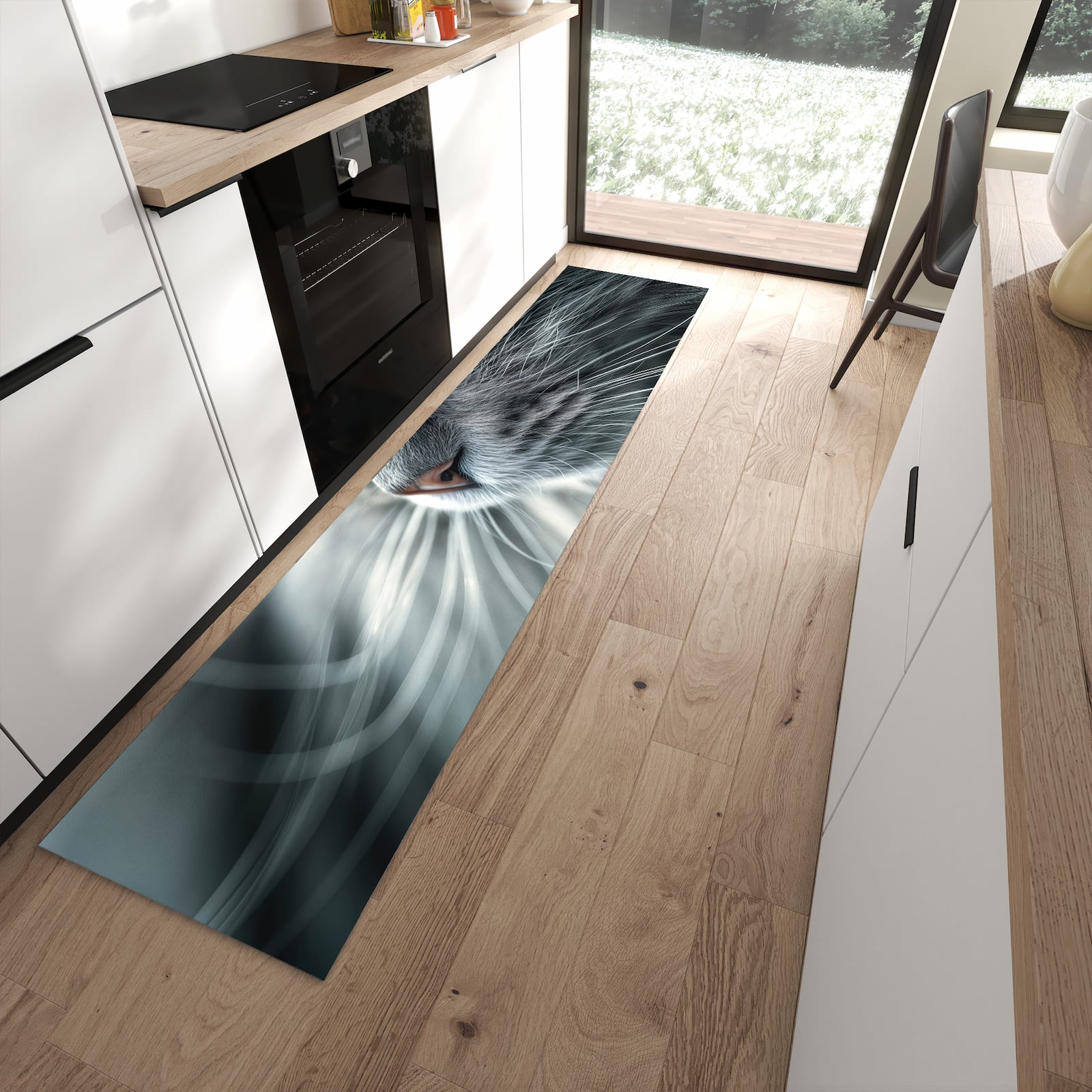 Rutschfester Küchenläufer mit Motiv Katze von Nahaufnahme in moderner Küche