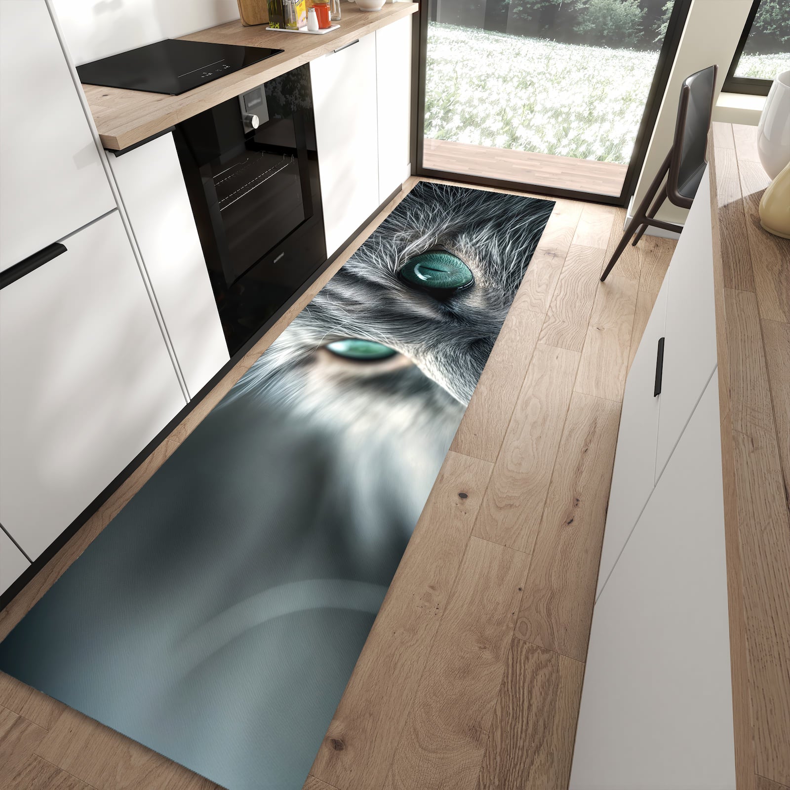 Formstabiler rutschfester Küchenläufer mit Motiv Katze von Nahaufnahme in moderner Küche