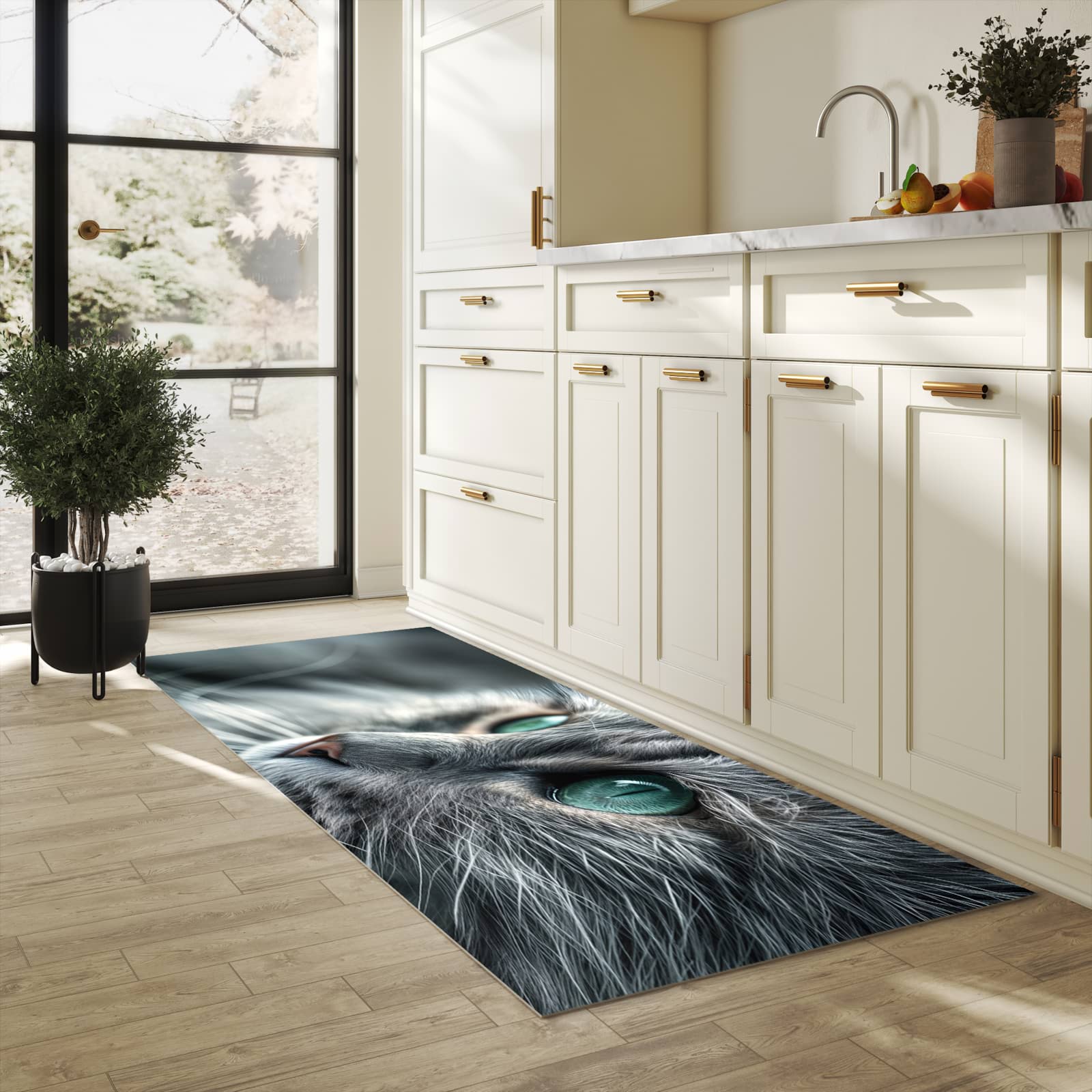 Komfortabler rutschfester Küchenteppich mit Motiv Katze von Nahaufnahme in heller Küche