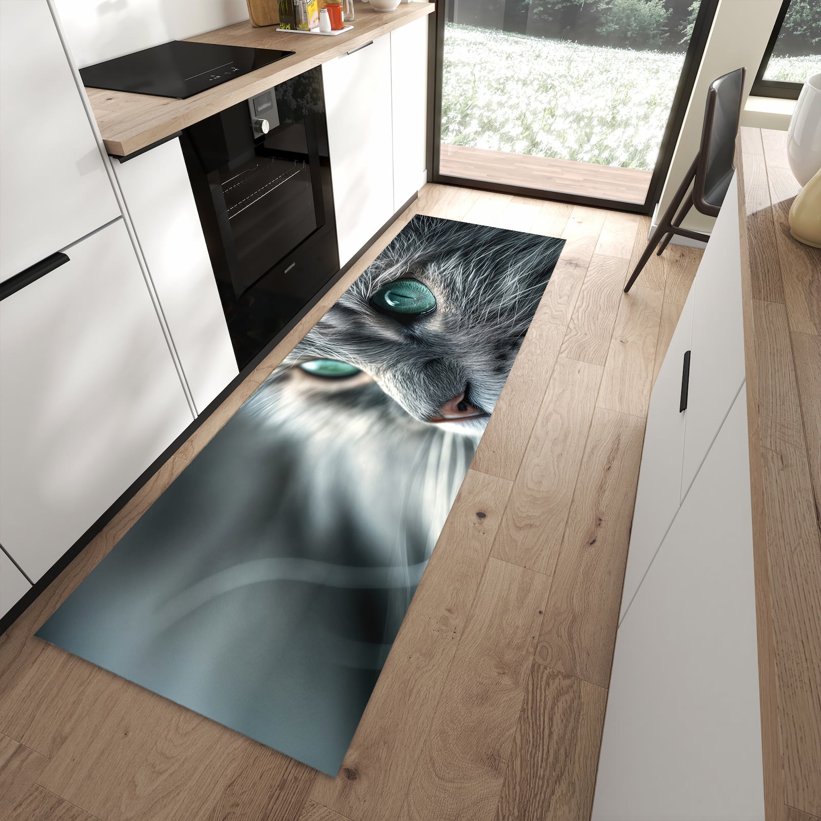 Bodenschonender rutschfester Küchenläufer mit Motiv Katze von Nahaufnahme in moderner Küche
