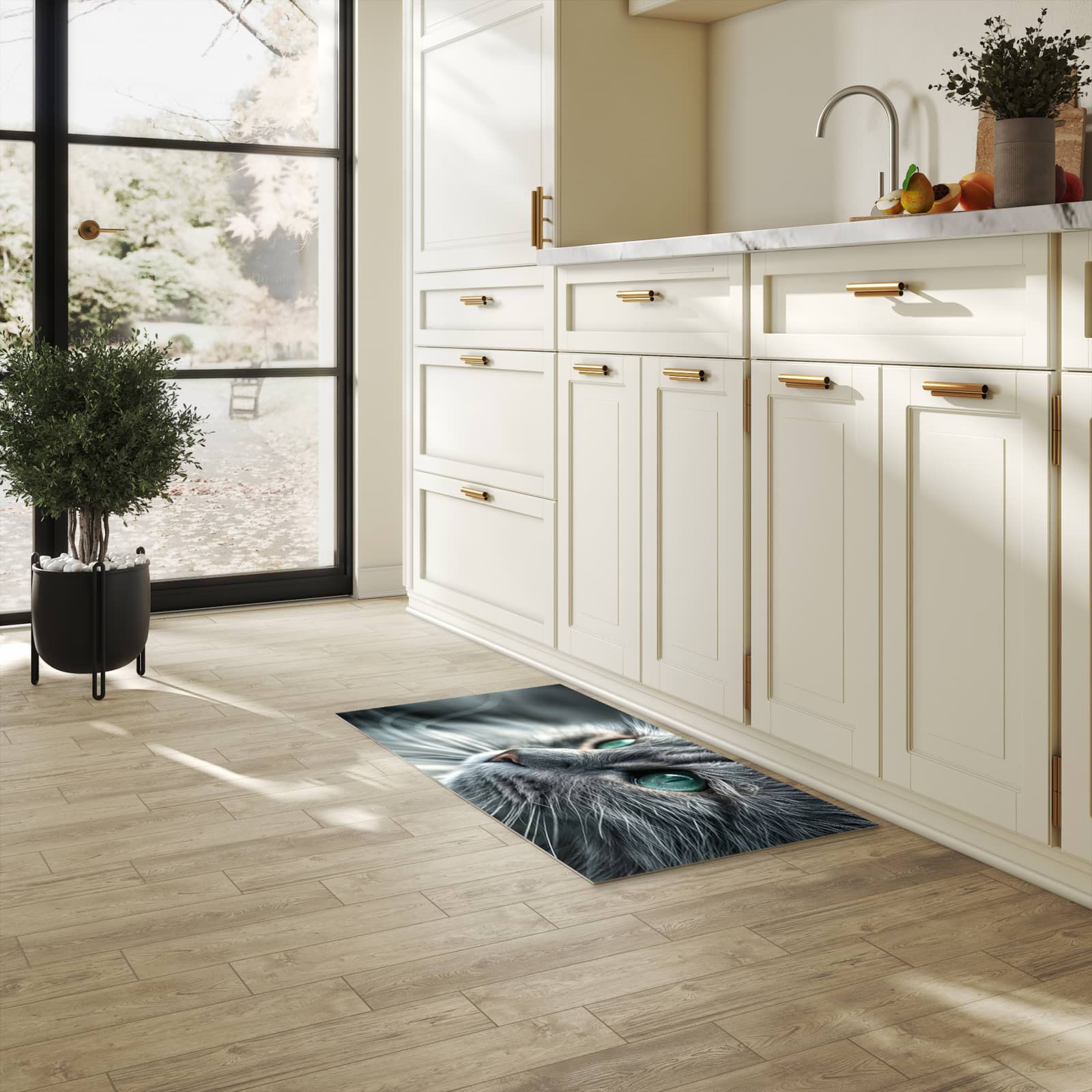 Zeitsparender Küchenteppich mit Motiv Katze von Nahaufnahme in heller Küche
