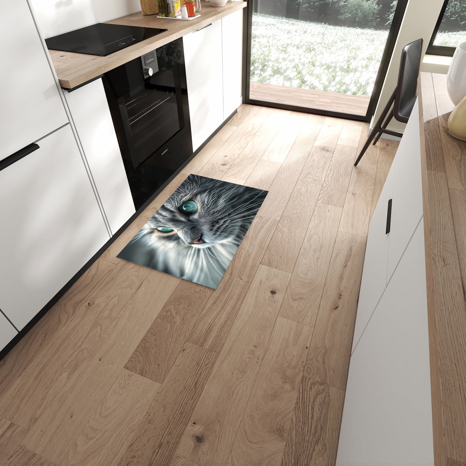 Rutschfester Küchenläufer mit Motiv Katze von Nahaufnahme schützt Böden in moderner Küche