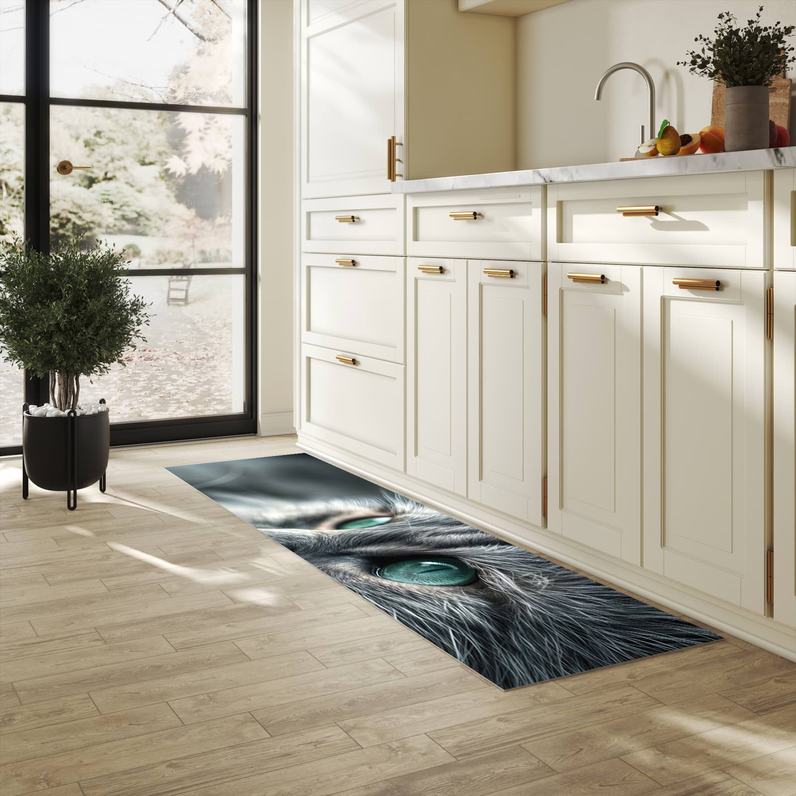 UV-beständiger Küchenläufer mit Motiv Katze von Nahaufnahme in heller Küche