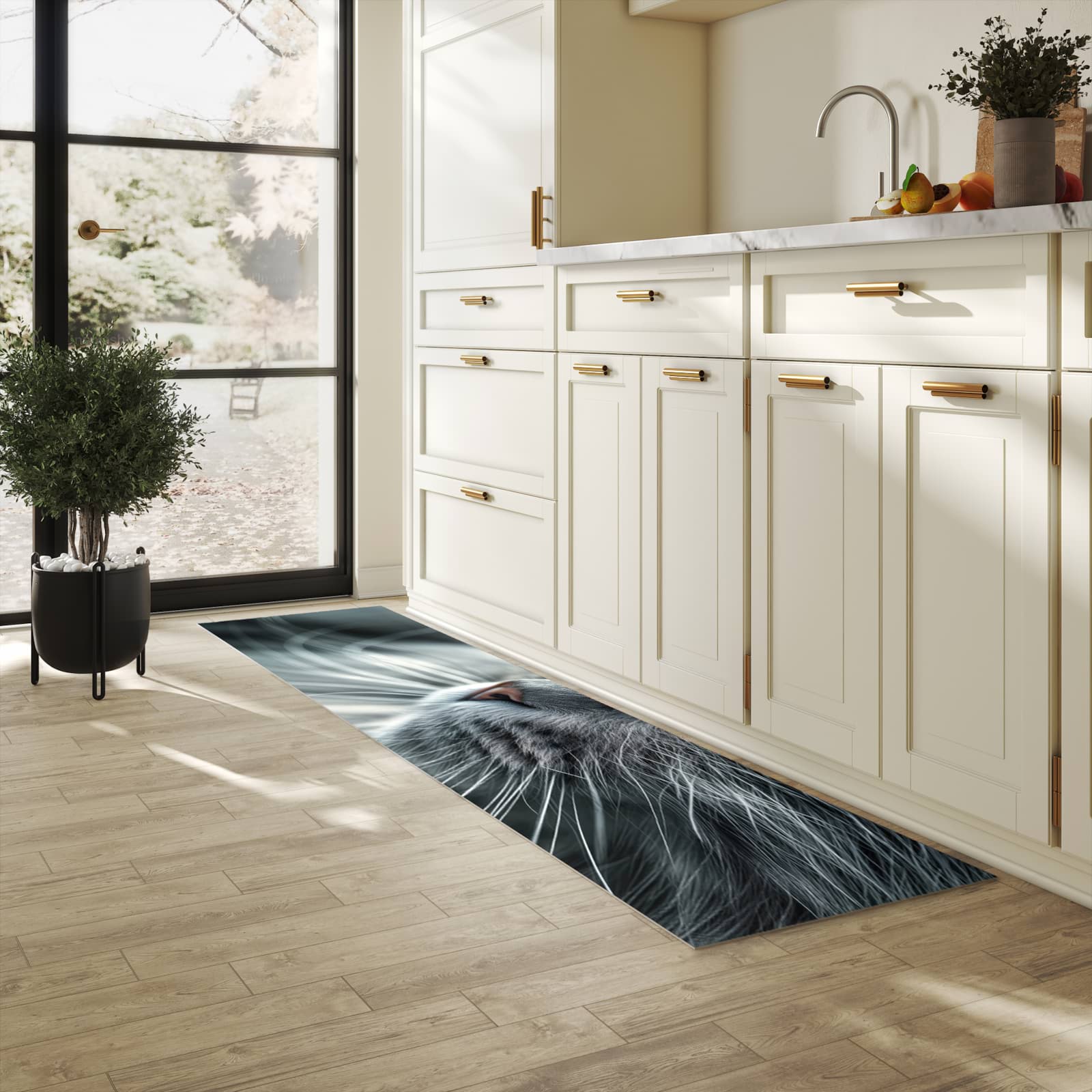 Komfortabler Küchenläufer mit Motiv Katze von Nahaufnahme in heller Küche für angenehmes Stehen