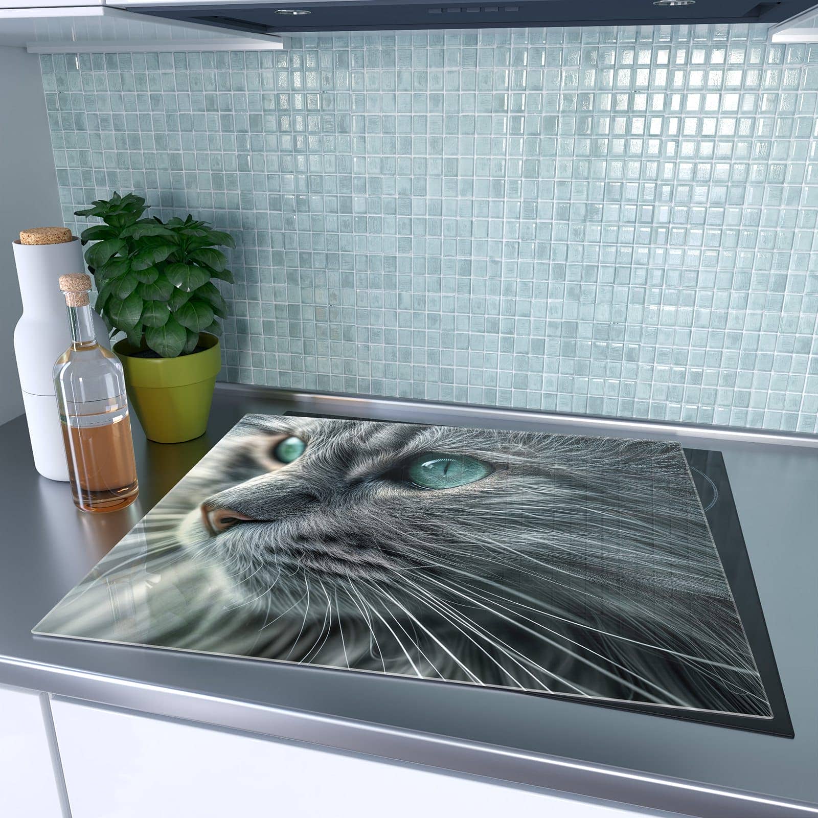 1-teilige Herdabdeckung für Induktionsfeld mit Katze Detailaufnahme-Motiv auf dem Ceranfeld