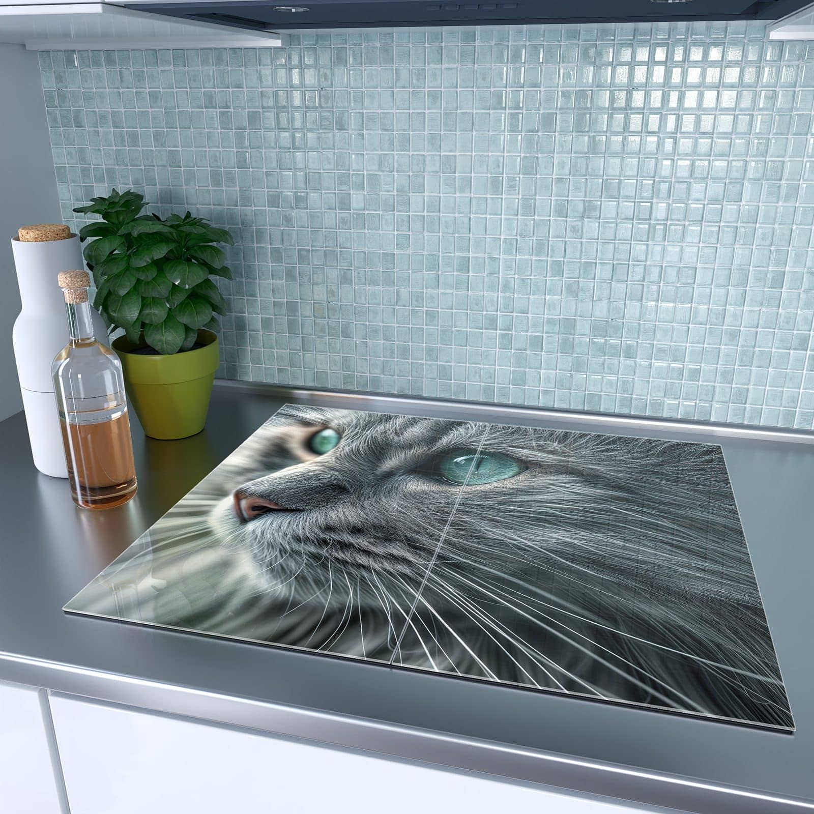 2-teilige Herdabdeckplatte mit Katze Detailaufnahme-Motiv auf dem Ceranfeld