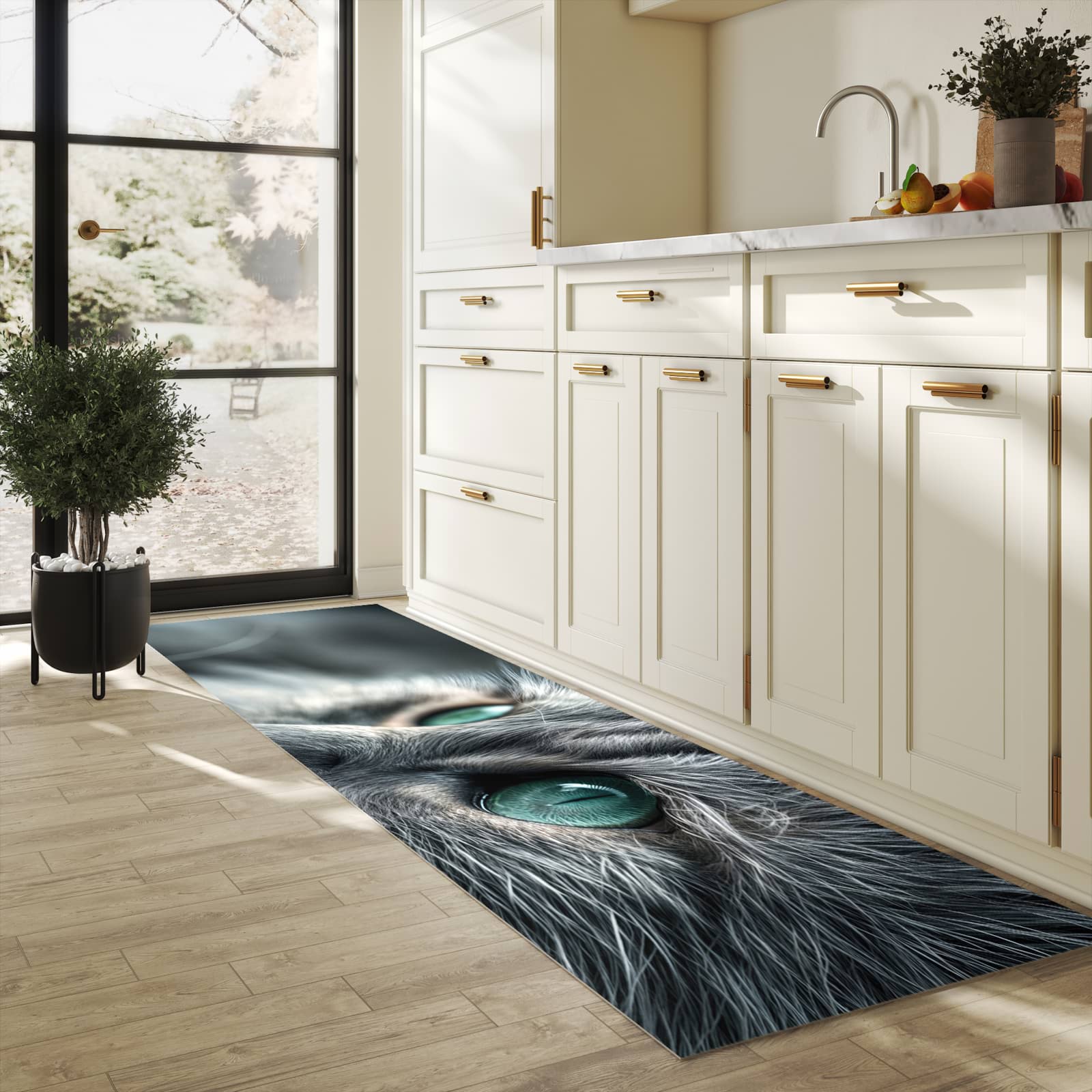 Flacher Läufer mit Motiv Katze von Nahaufnahme für rutschfesten Halt in heller Küche