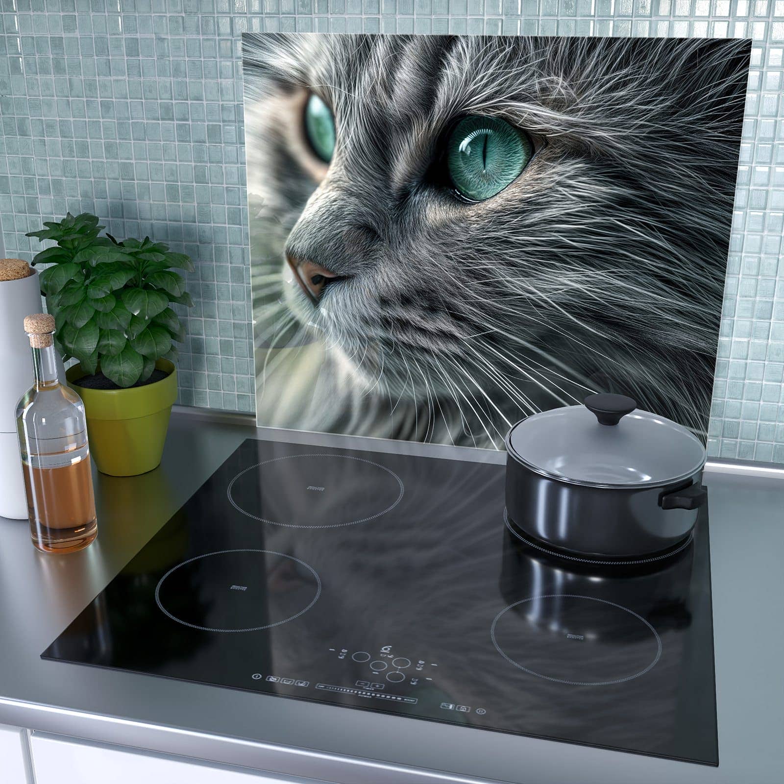1-teilige Glasabdeckplatte für Ceranfeld mit Katze Detailaufnahme-Motiv als Spritzschutz hinter dem Kochfeld