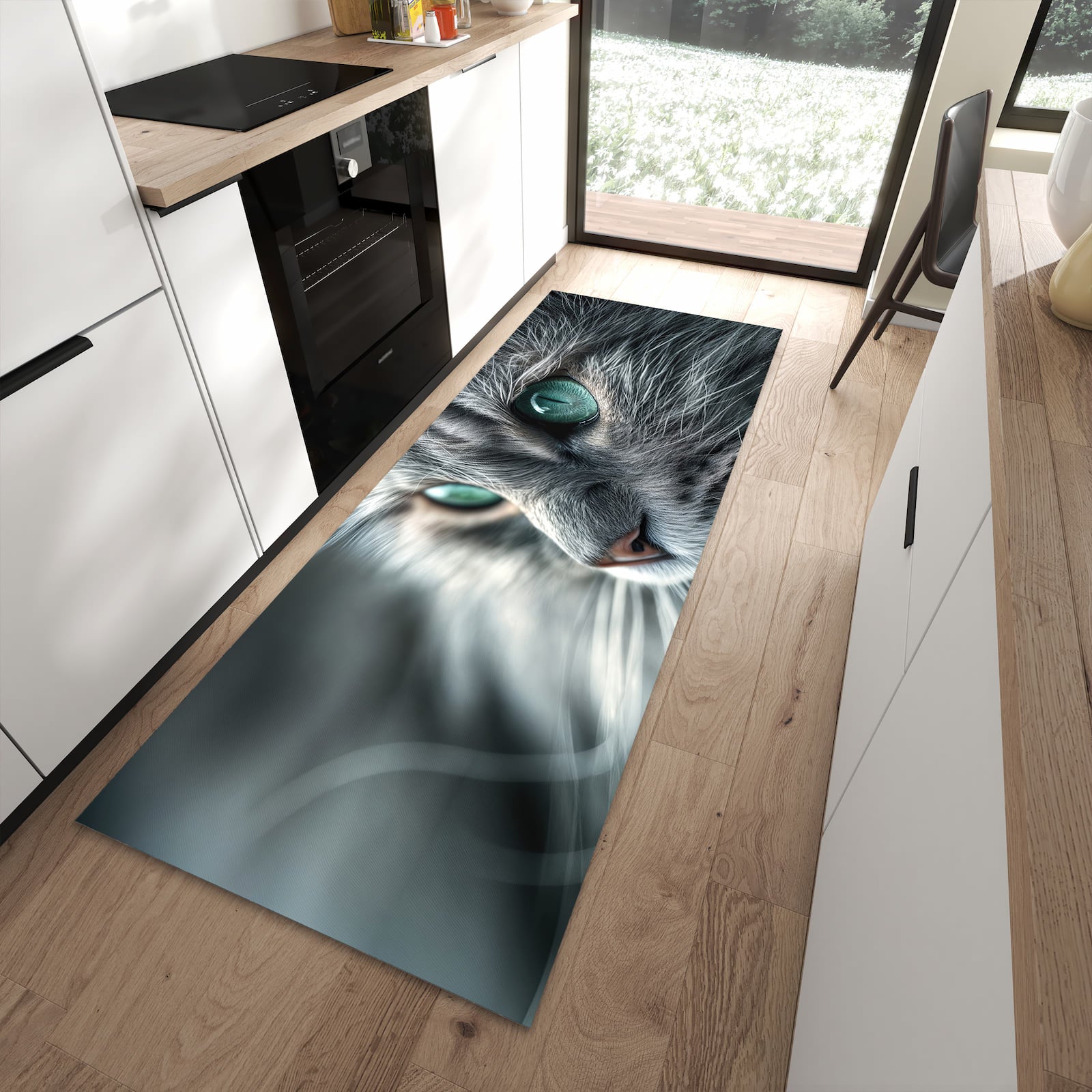 Zeitsparender Küchenläufer nach Maß mit Motiv Katze von Nahaufnahme in moderner Küche