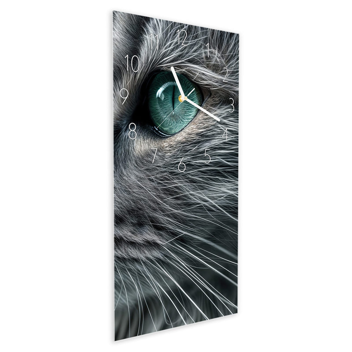 Wanduhr aus Glas im Hochformat Katze mit Smaragdaugen schräg von der Seite, 4 mm starkes Glas