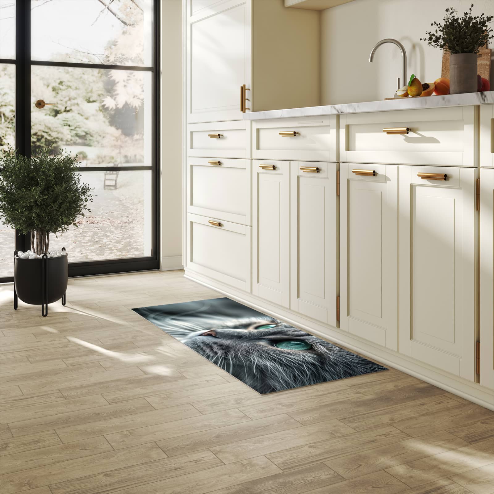 Geräuschdämpfender Küchenvorleger mit Motiv Katze von Nahaufnahme in heller Küche