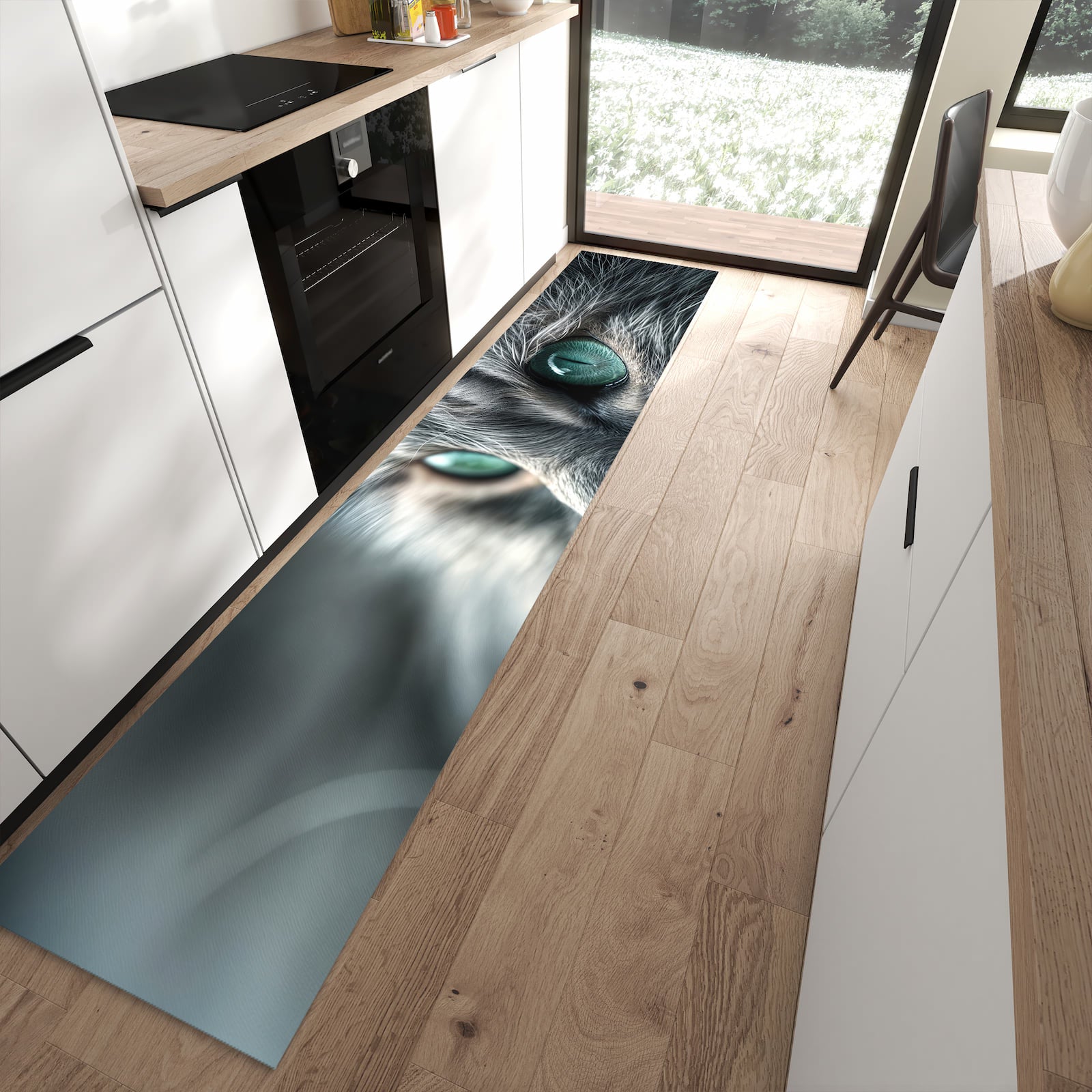 Feuchtigkeitsresistenter Küchenläufer mit Motiv Katze von Nahaufnahme in moderner Küche