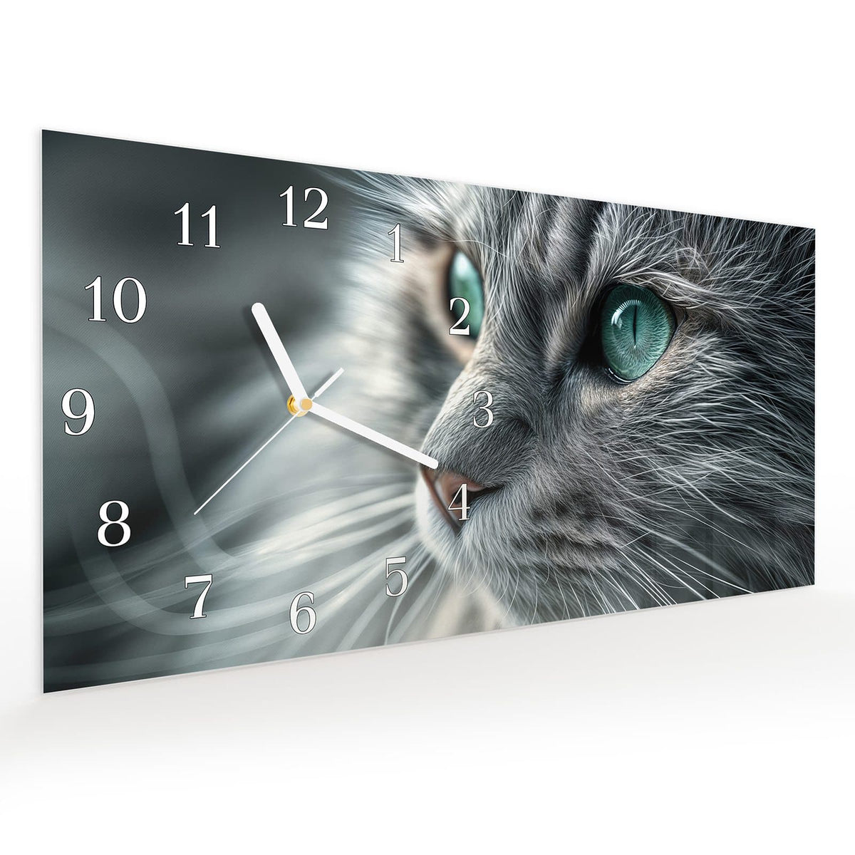Vormontiert – mit Schwebeeffekt – Wanduhr Katze Detailaufnahme aus Glas – Querformat 60 × 30 cm