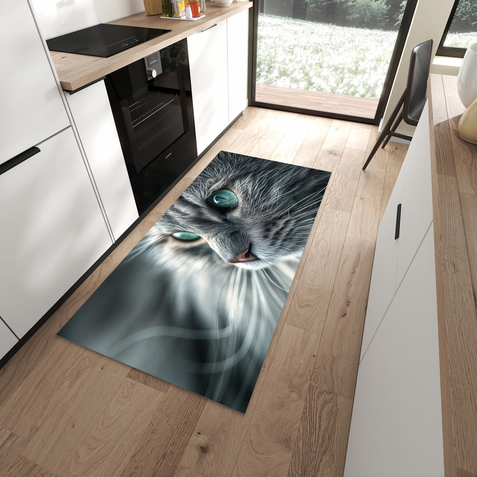 Sicherer Küchenläufer mit Motiv Katze von Nahaufnahme in moderner Küche