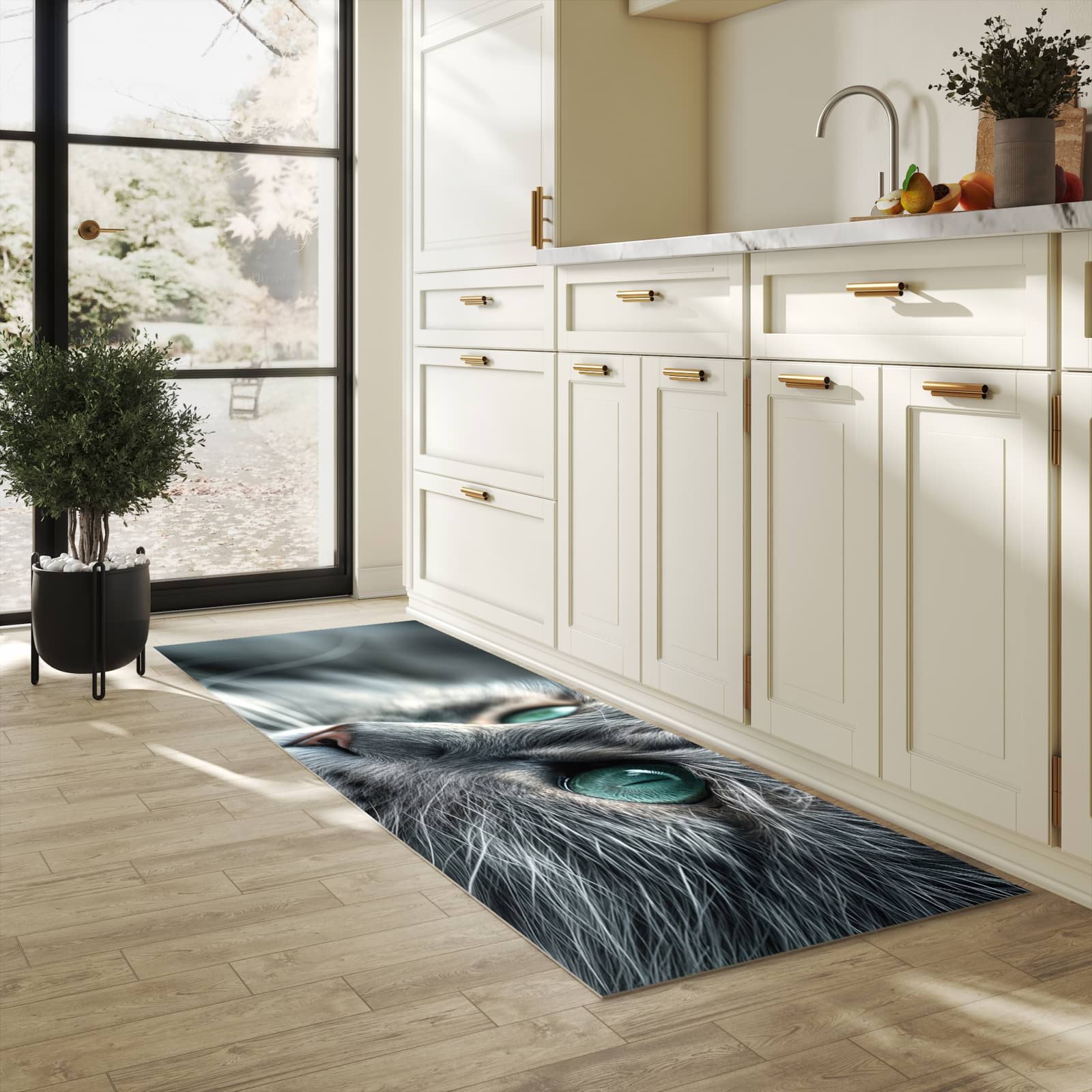 Geruchsneutraler langer Teppich mit Motiv Katze von Nahaufnahme in heller Küche
