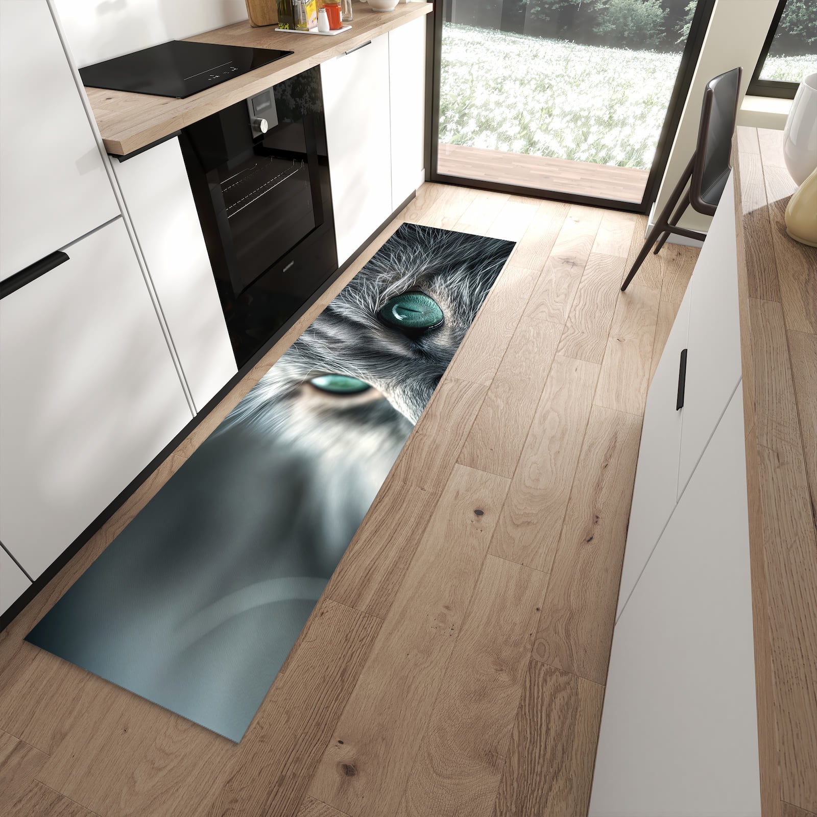 Langlebiger Küchenläufer mit Motiv Katze von Nahaufnahme in moderner Küche