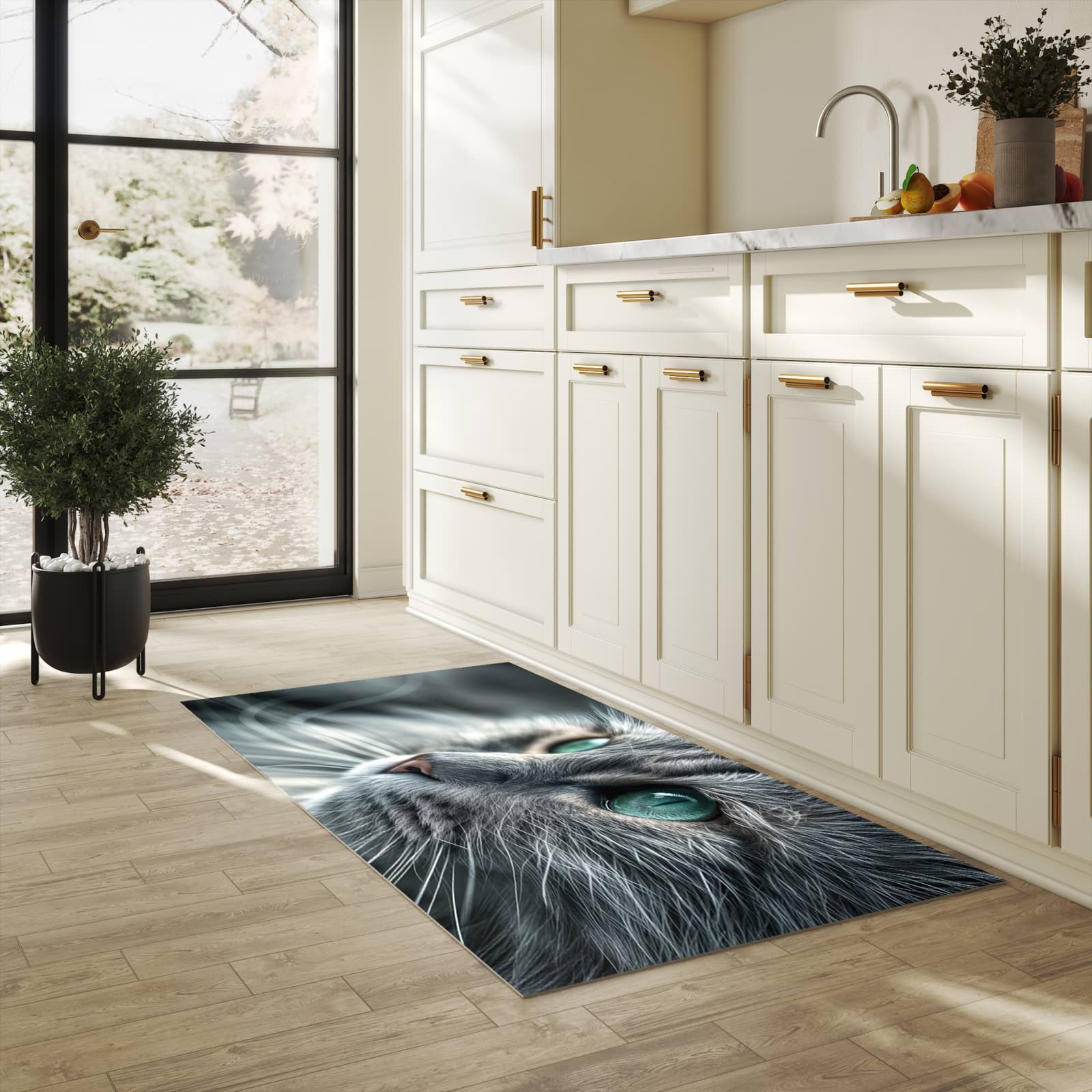Pflegeleichter dünner Teppich mit Motiv Katze von Nahaufnahme in heller Küche