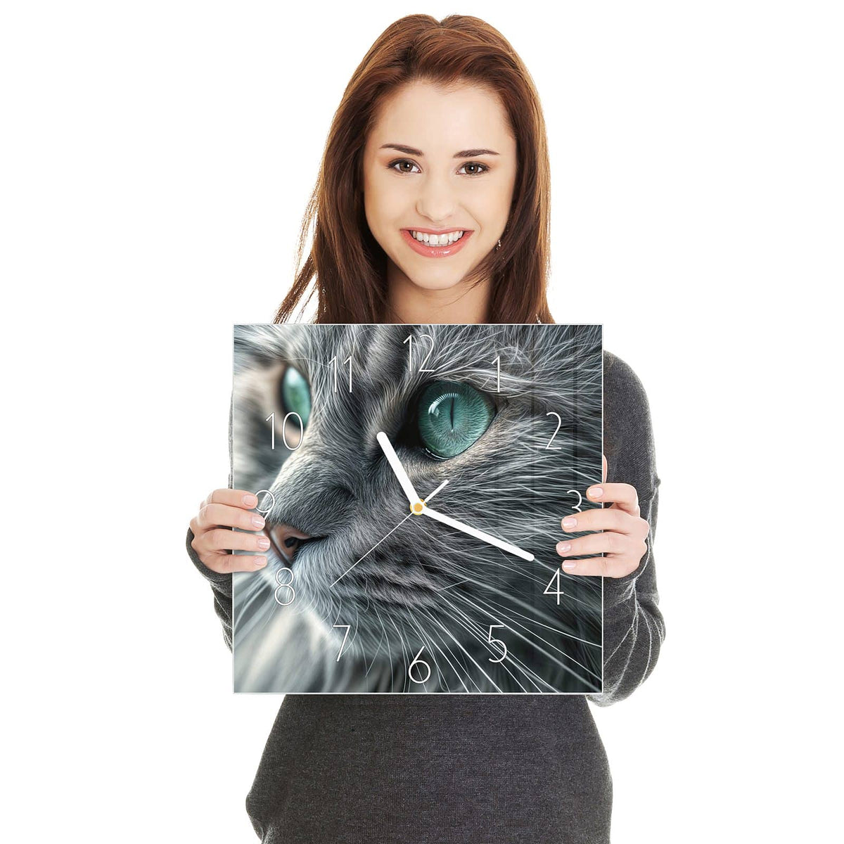 Graue Langhaarkatze im Halbprofil, große türkisgrüne Augen, Fell in Nahaufnahme