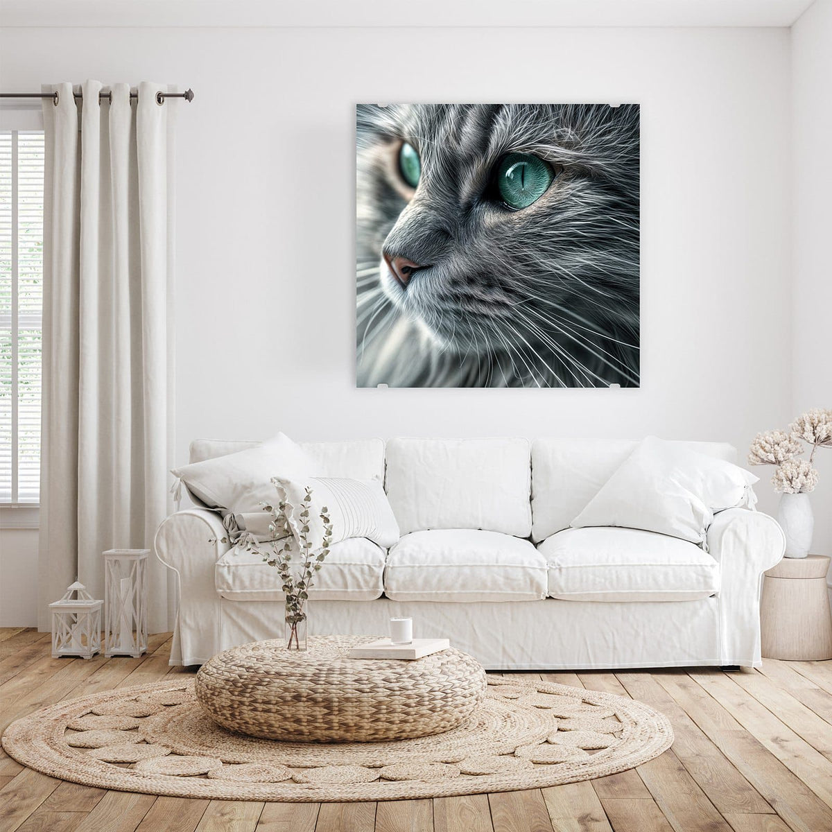 Graue Langhaarkatze im Halbprofil, große türkisgrüne Augen, Fell in Nahaufnahme
