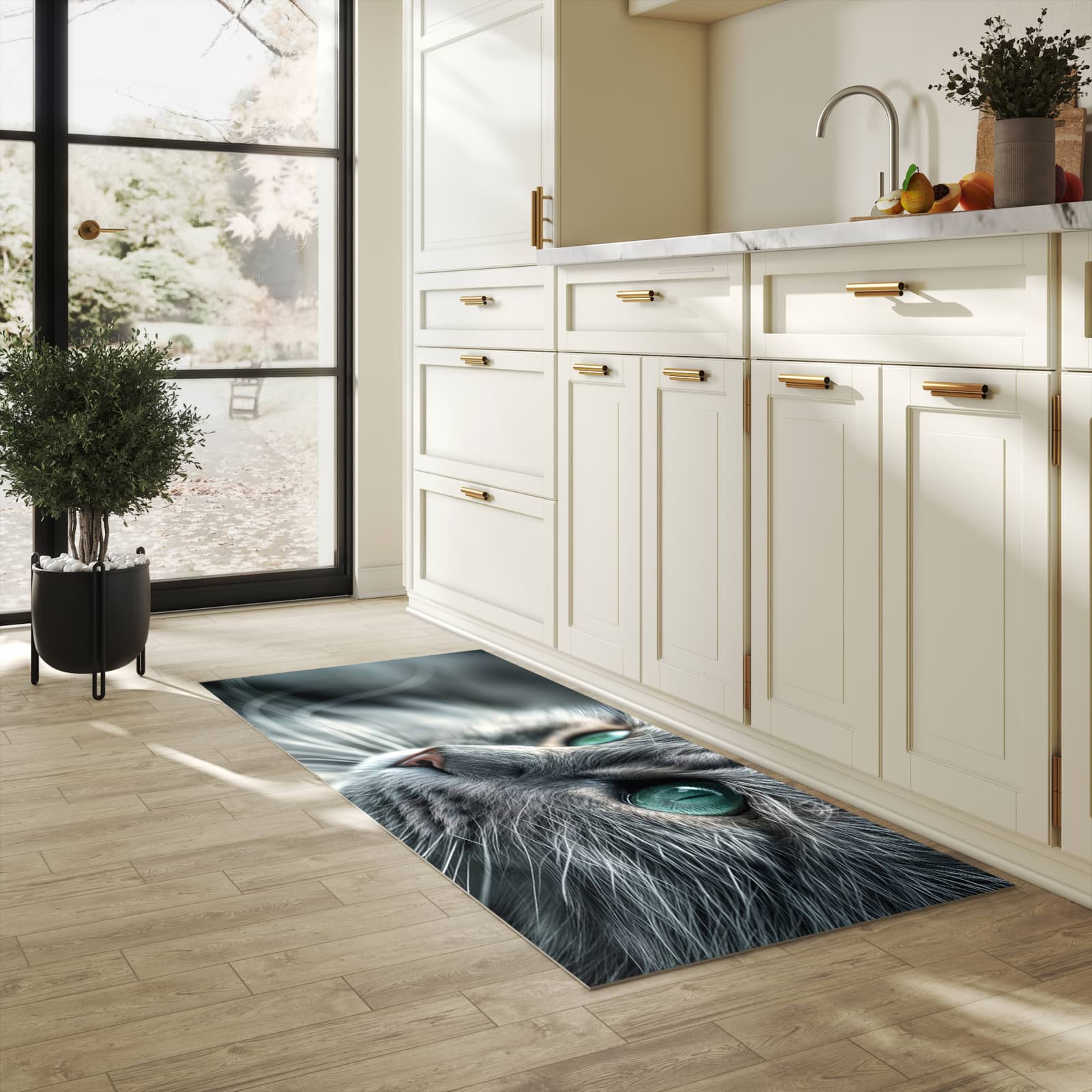 Schmutzabweisender waschbarer Küchenläufer mit Motiv Katze von Nahaufnahme in heller Küche