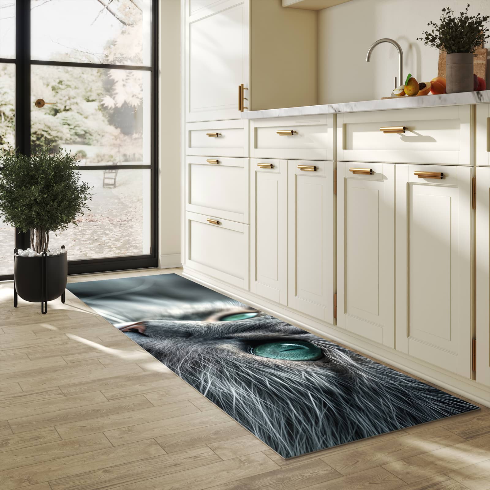 Langlebiger Läufer mit Motiv Katze von Nahaufnahme für Eingangsbereich in heller Küche