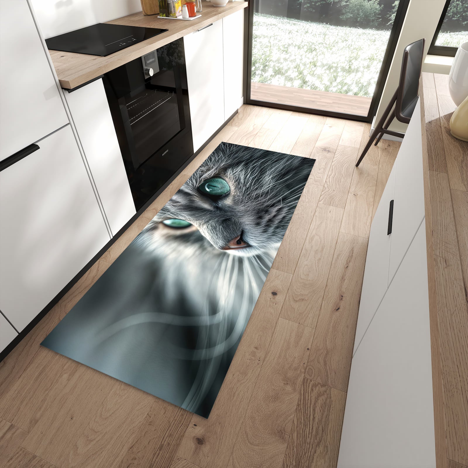Rutschfester Küchenläufer mit Motiv Katze von Nahaufnahme für Ordnung in moderner Küche