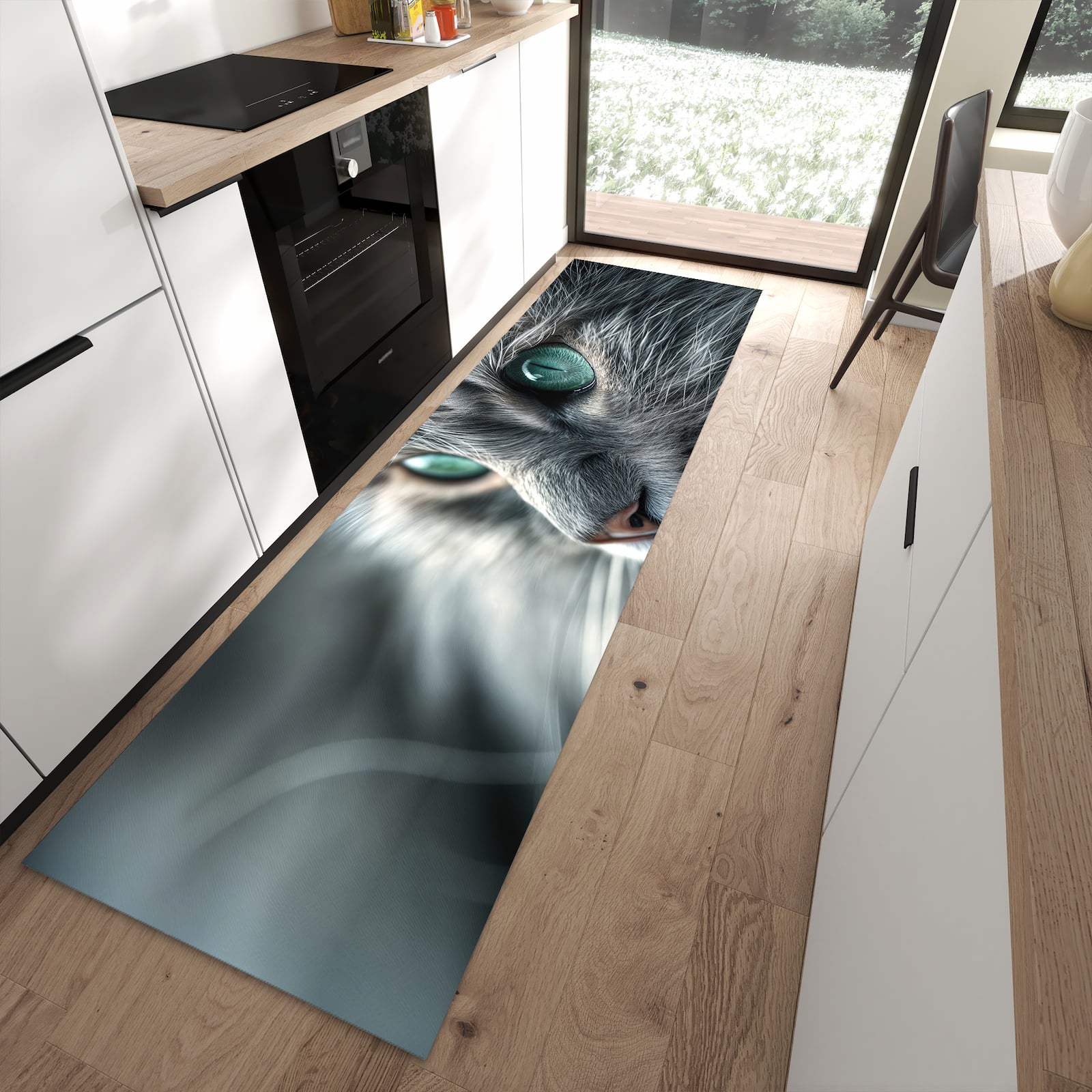 Farbbeständiger waschbarer Küchenläufer mit Motiv Katze von Nahaufnahme in moderner Küche