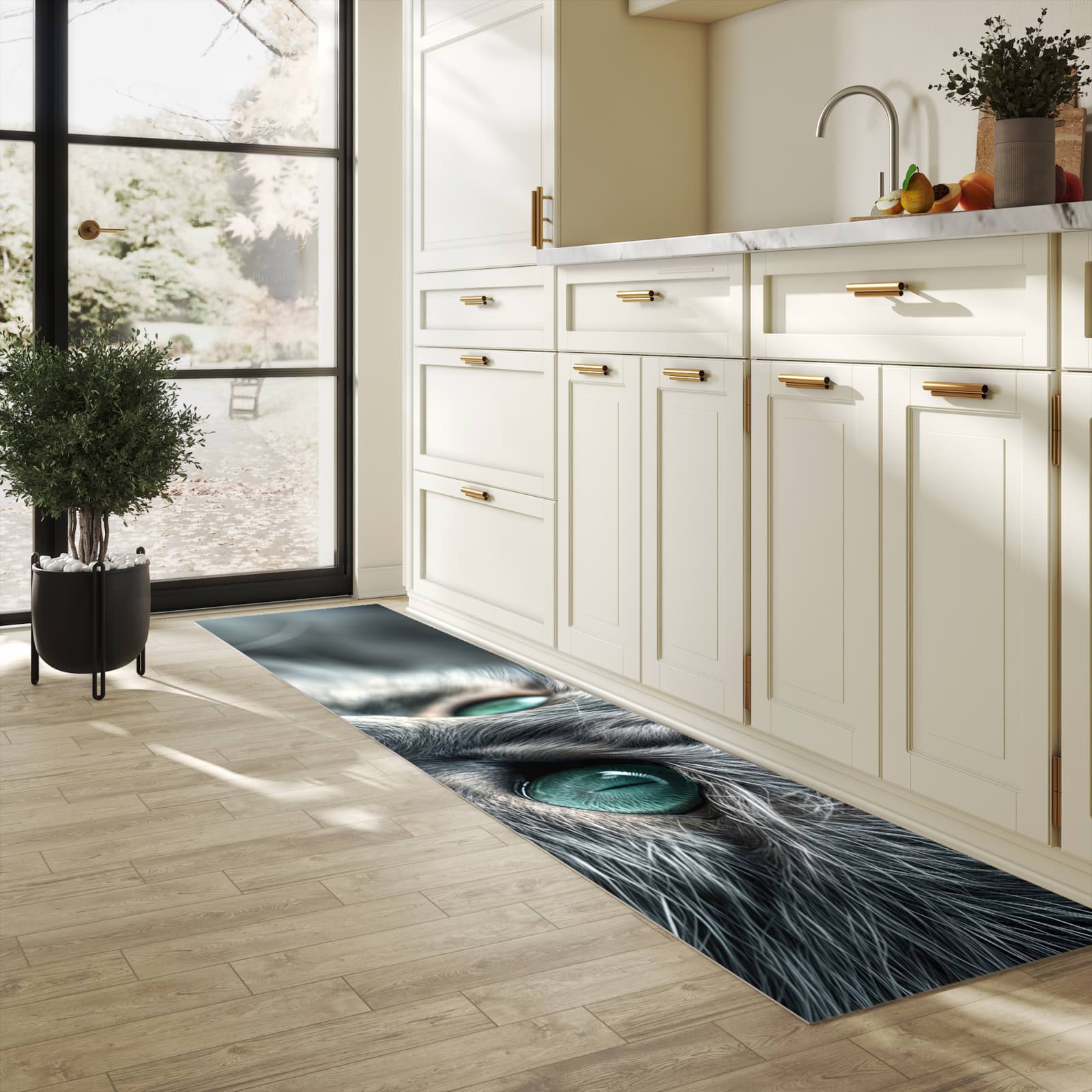 Wasserabweisender Teppichläufer mit Motiv Katze von Nahaufnahme in heller Küche
