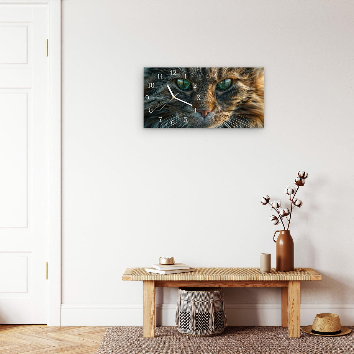 Moderne Wanduhr aus Glas mit Farbtiefe – Wanduhr Nahaufnahme & Katze aus Glas – Querformat 60 × 30 cm