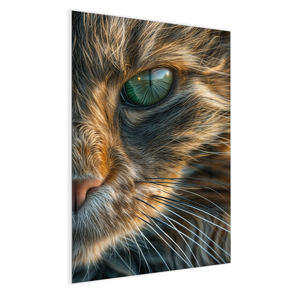 Formatfuellendes Gesicht einer getigerten Katze mit grünen Augen, warmes Braun-Grau-Fell