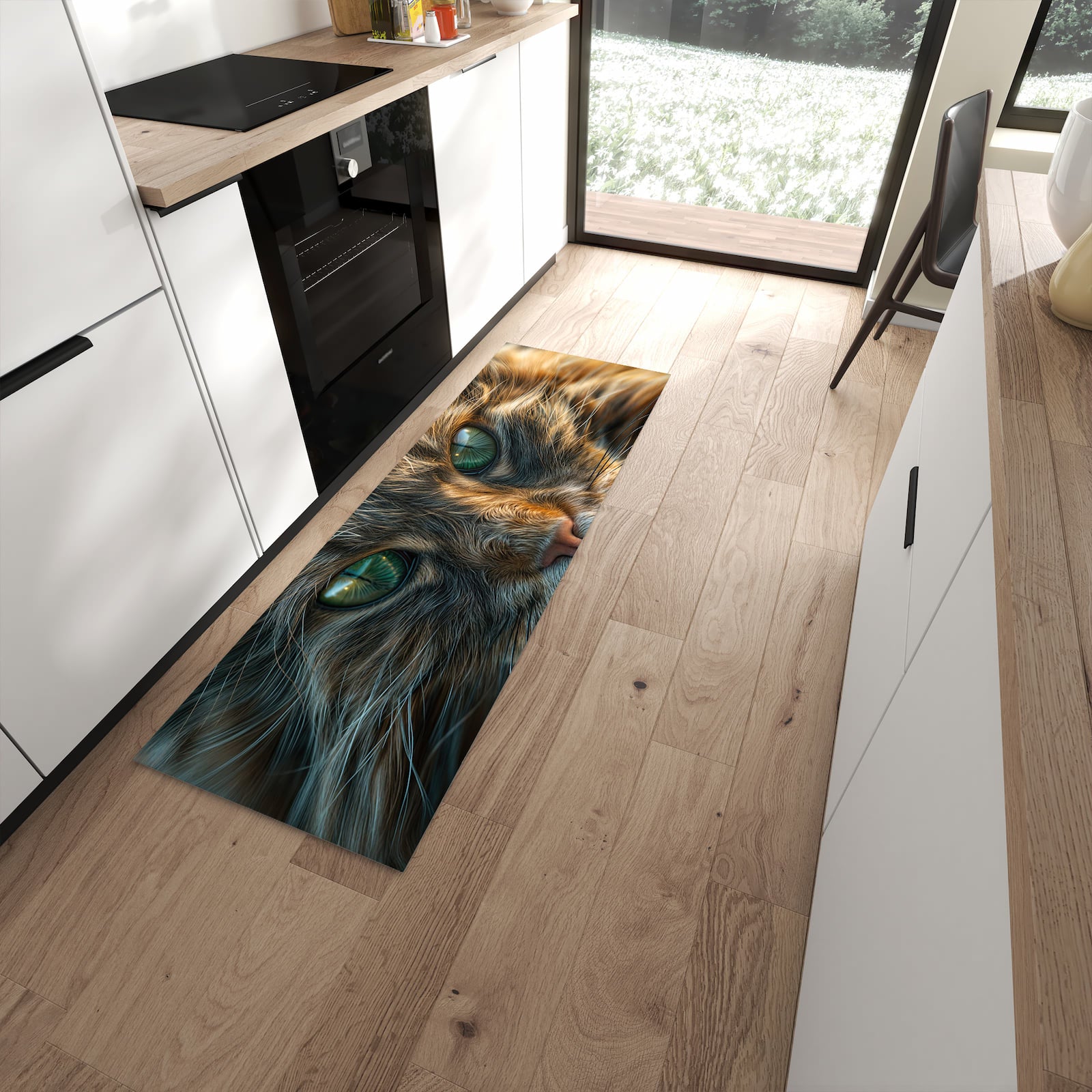Fleckenresistenter Küchenteppich mit Motiv Nahaufnahme Katze in Frontansicht