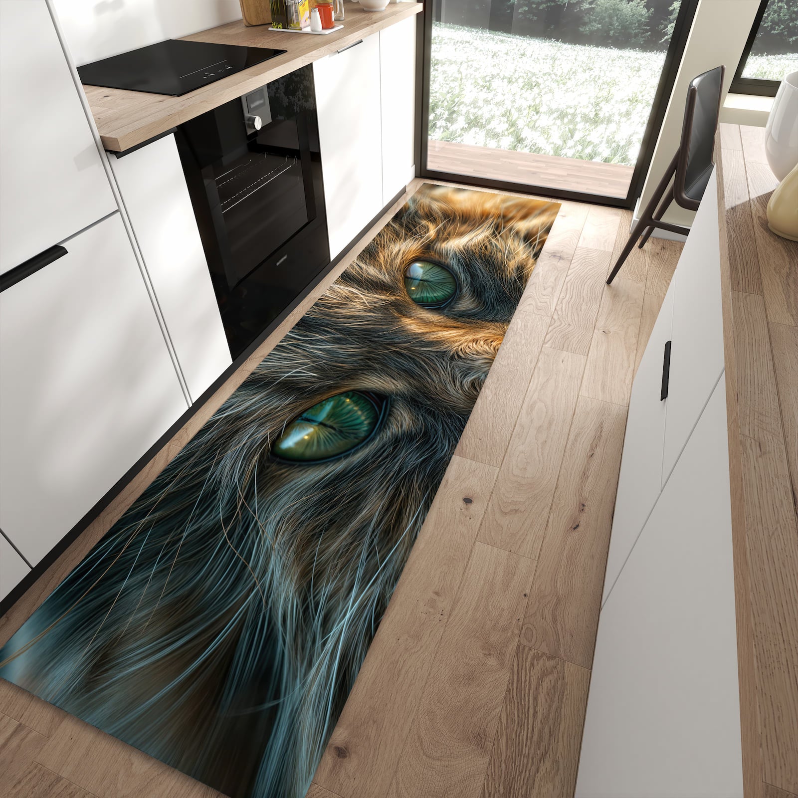 Pflegeleichter langer Teppich mit Motiv Nahaufnahme Katze in Frontansicht für den Flur