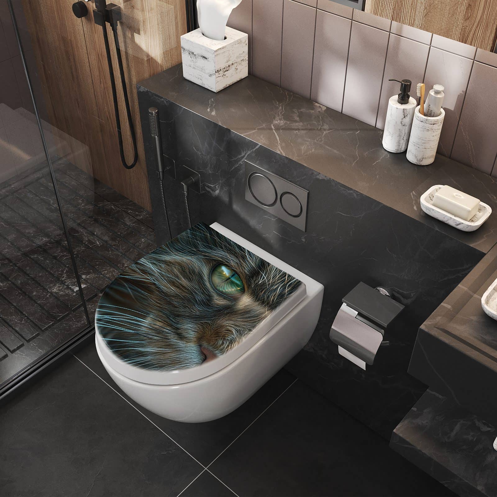 Zeitsparender WC-Aufsatz mit Motiv Nahaufnahme & Katze im Badezimmer seitliche Perspektive