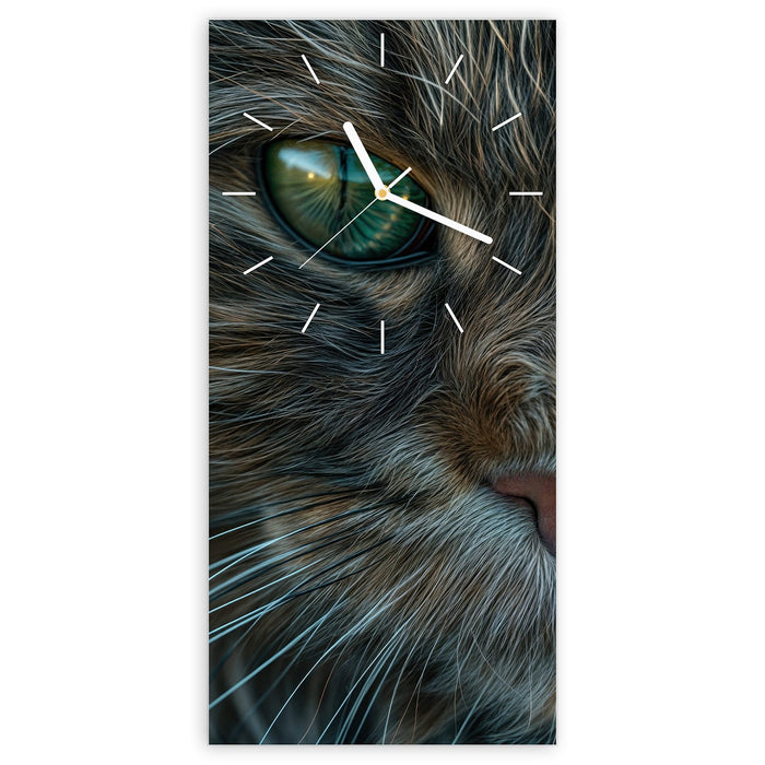 Wanduhr Nahaufnahme & Katze aus Glas – Hochformat 30 × 60 cm mit Ziffernblatt Linie