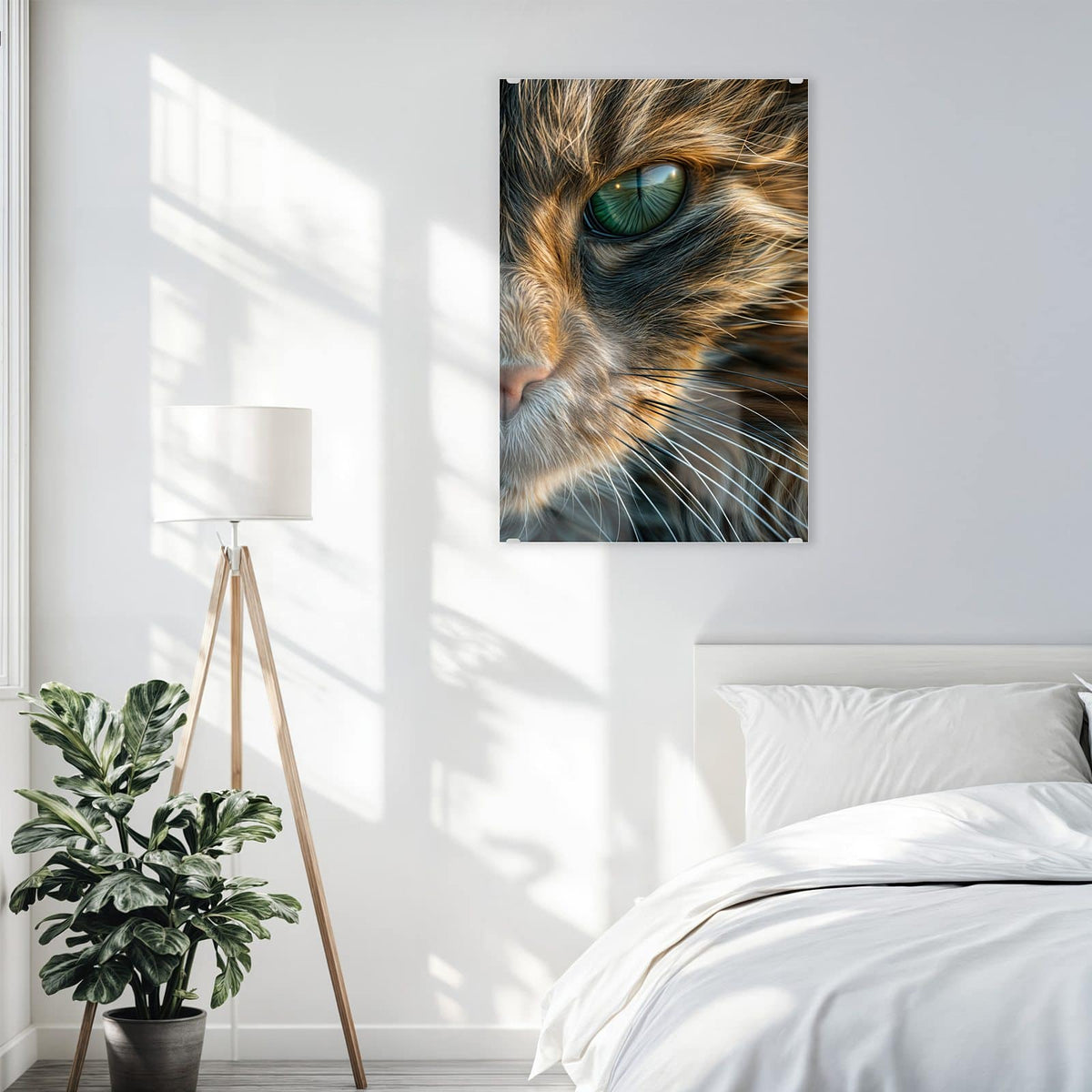 Glasbild Getigerte Katze an der Wand – Formatfuellendes Gesicht einer getigerten Katze mit grünen Augen, warmes Braun-Grau-Fell