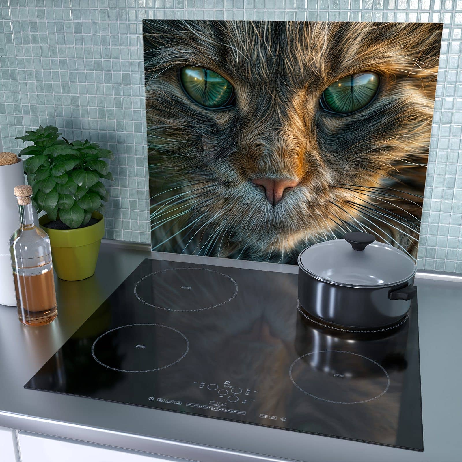 1-teilige Herdabdeckplatte mit Nahaufnahme & Katze-Motiv als Spritzschutz hinter dem Kochfeld