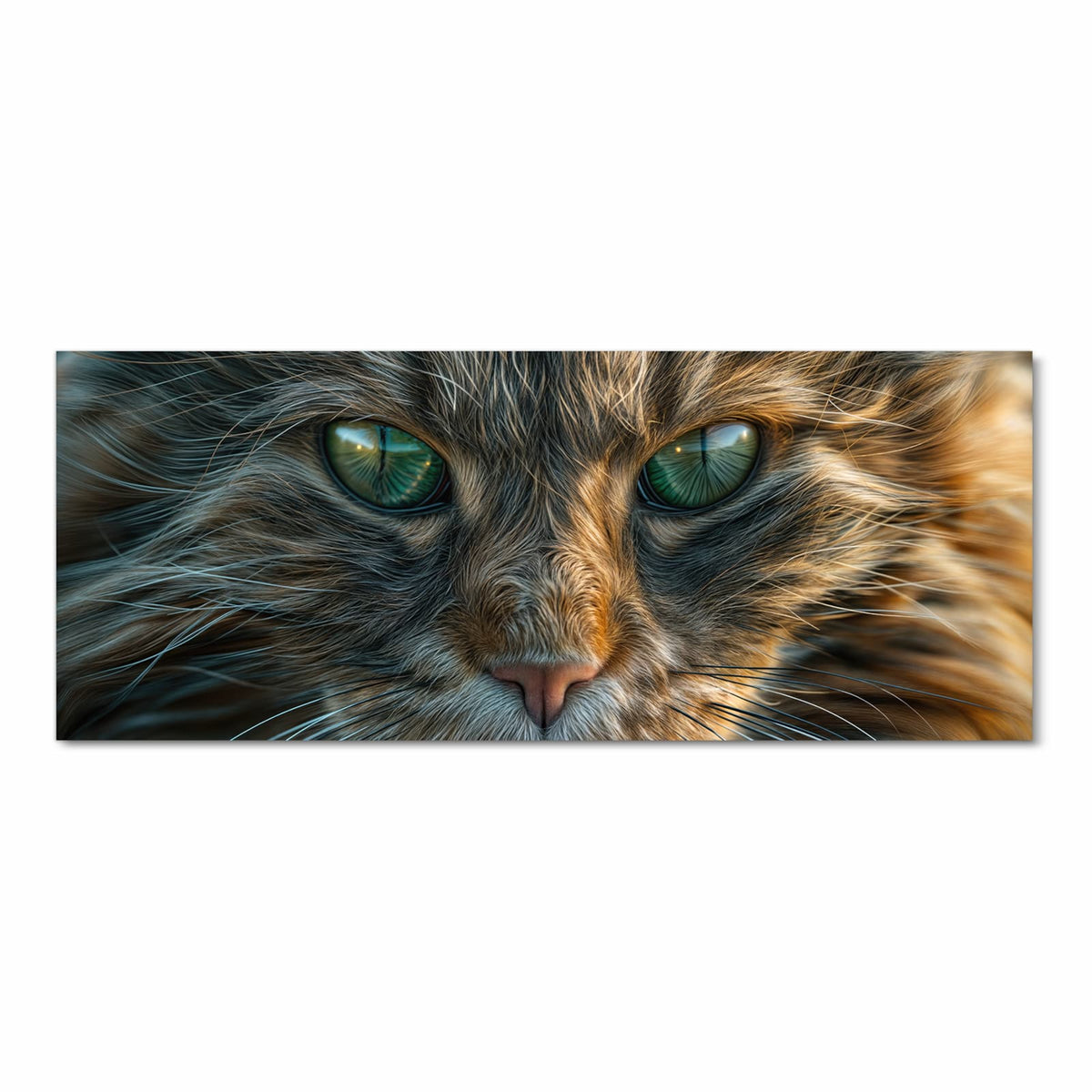 Formatfuellendes Gesicht einer getigerten Katze mit grünen Augen, warmes Braun-Grau-Fell