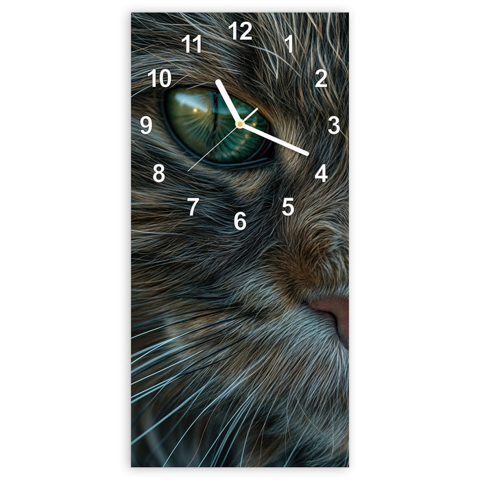Wanduhr Nahaufnahme & Katze aus Glas – Hochformat 30 × 60 cm mit Ziffernblatt Modern