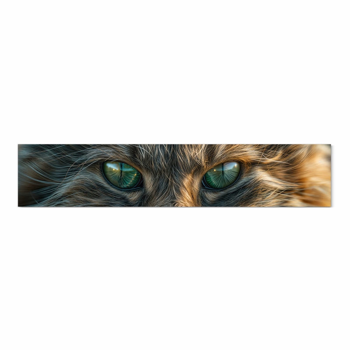 Formatfuellendes Gesicht einer getigerten Katze mit grünen Augen, warmes Braun-Grau-Fell