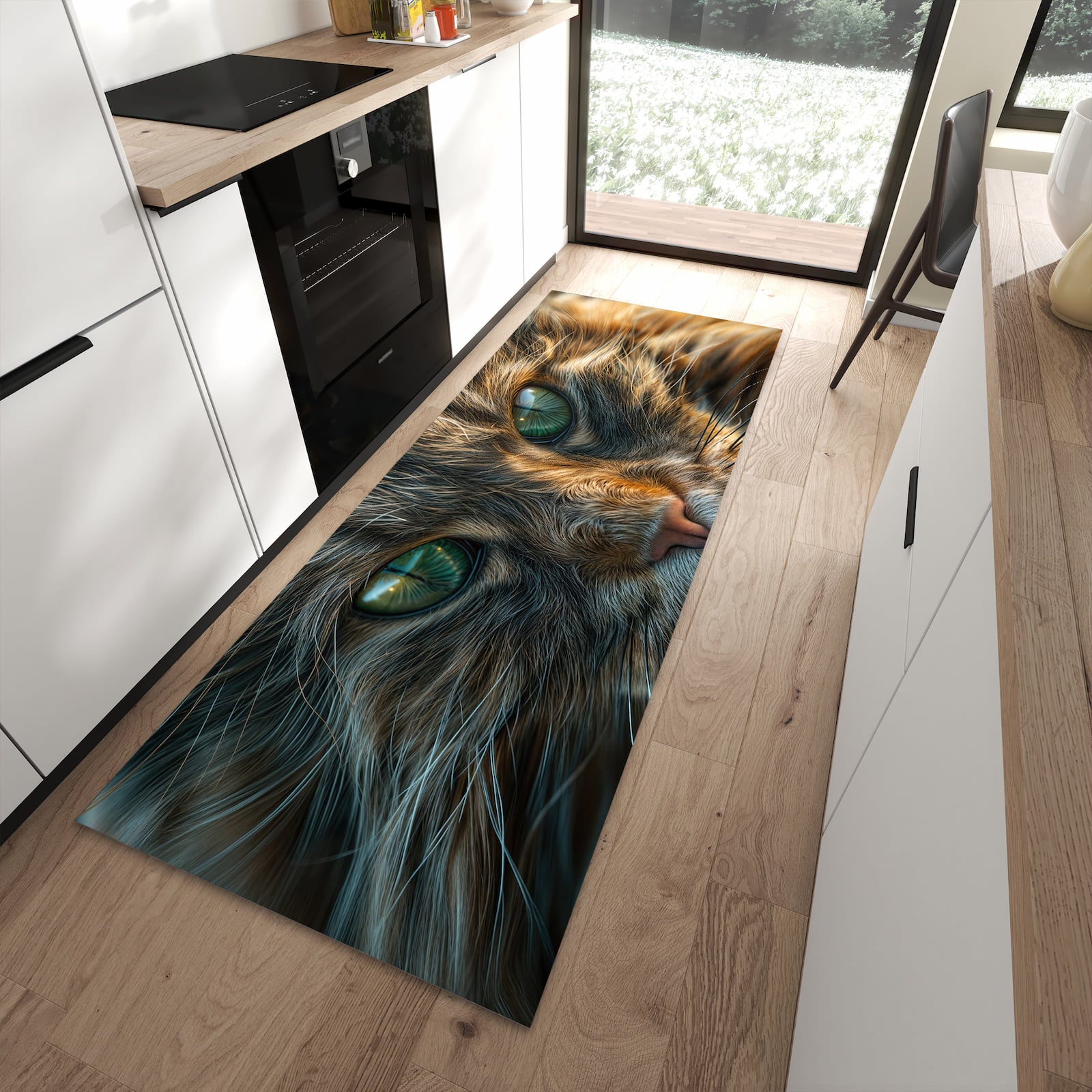 Abriebfester Küchenteppich mit Motiv Nahaufnahme Katze in heller Küche