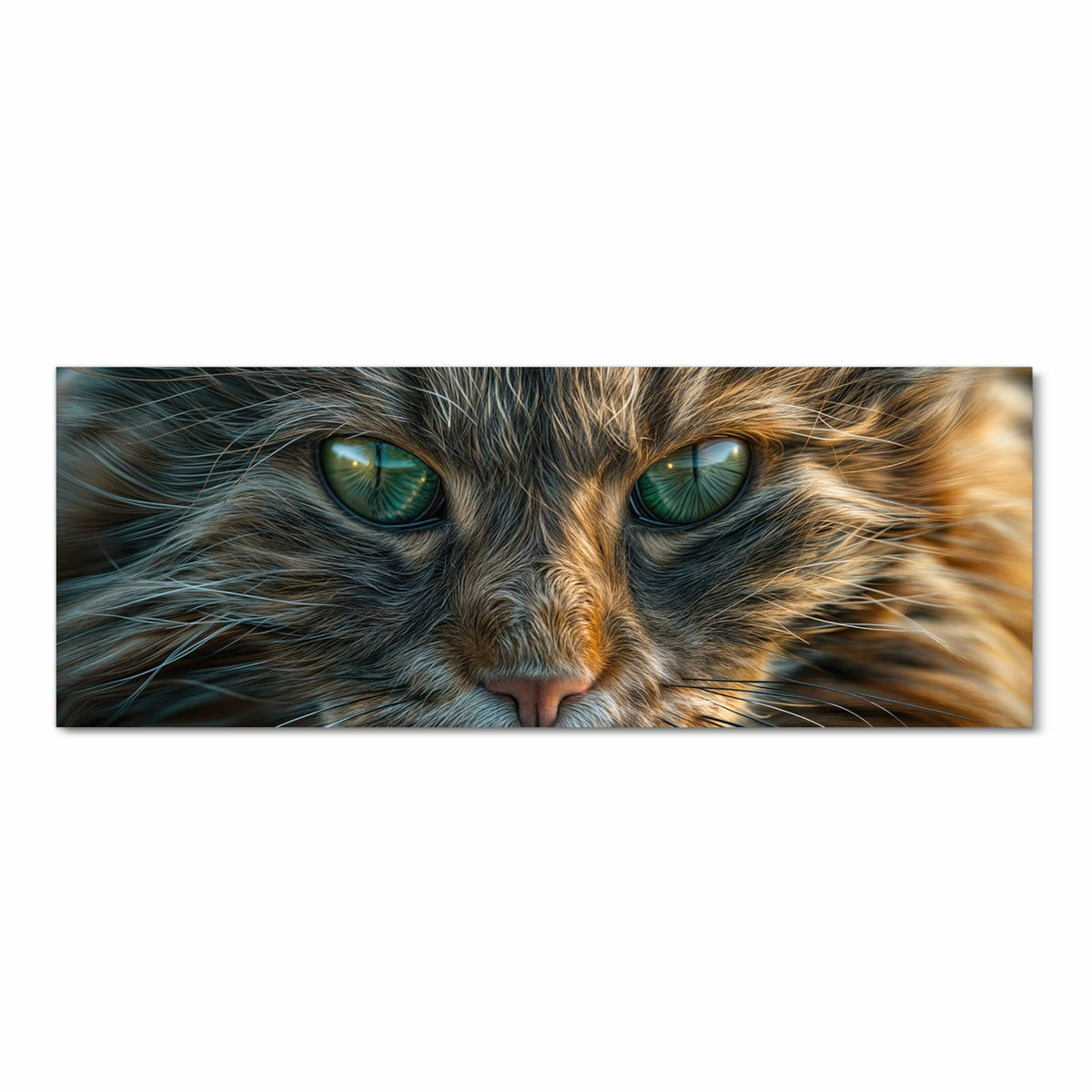 Formatfuellendes Gesicht einer getigerten Katze mit grünen Augen, warmes Braun-Grau-Fell