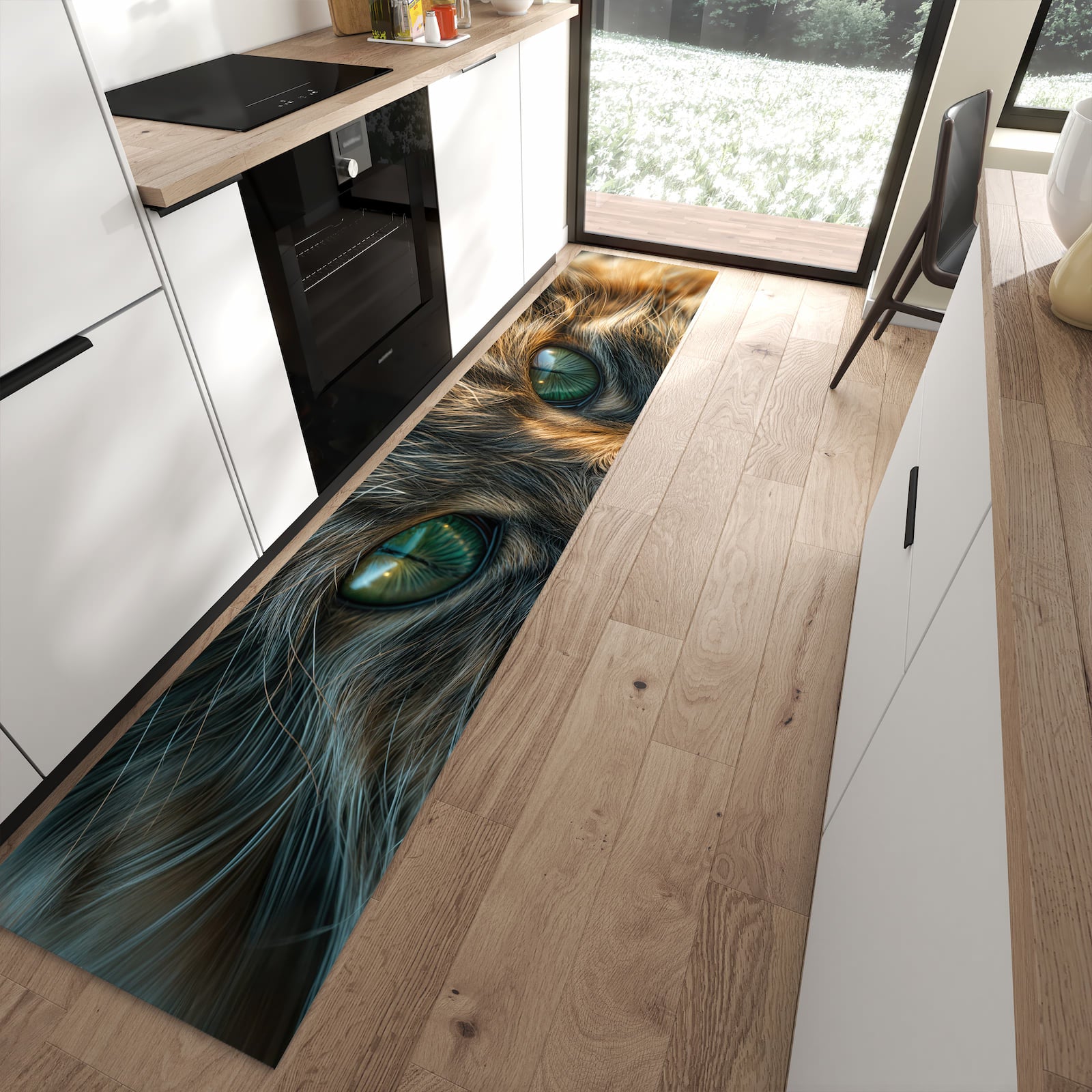 Langlebiger Küchenläufer mit Motiv Nahaufnahme Katze in Frontansicht