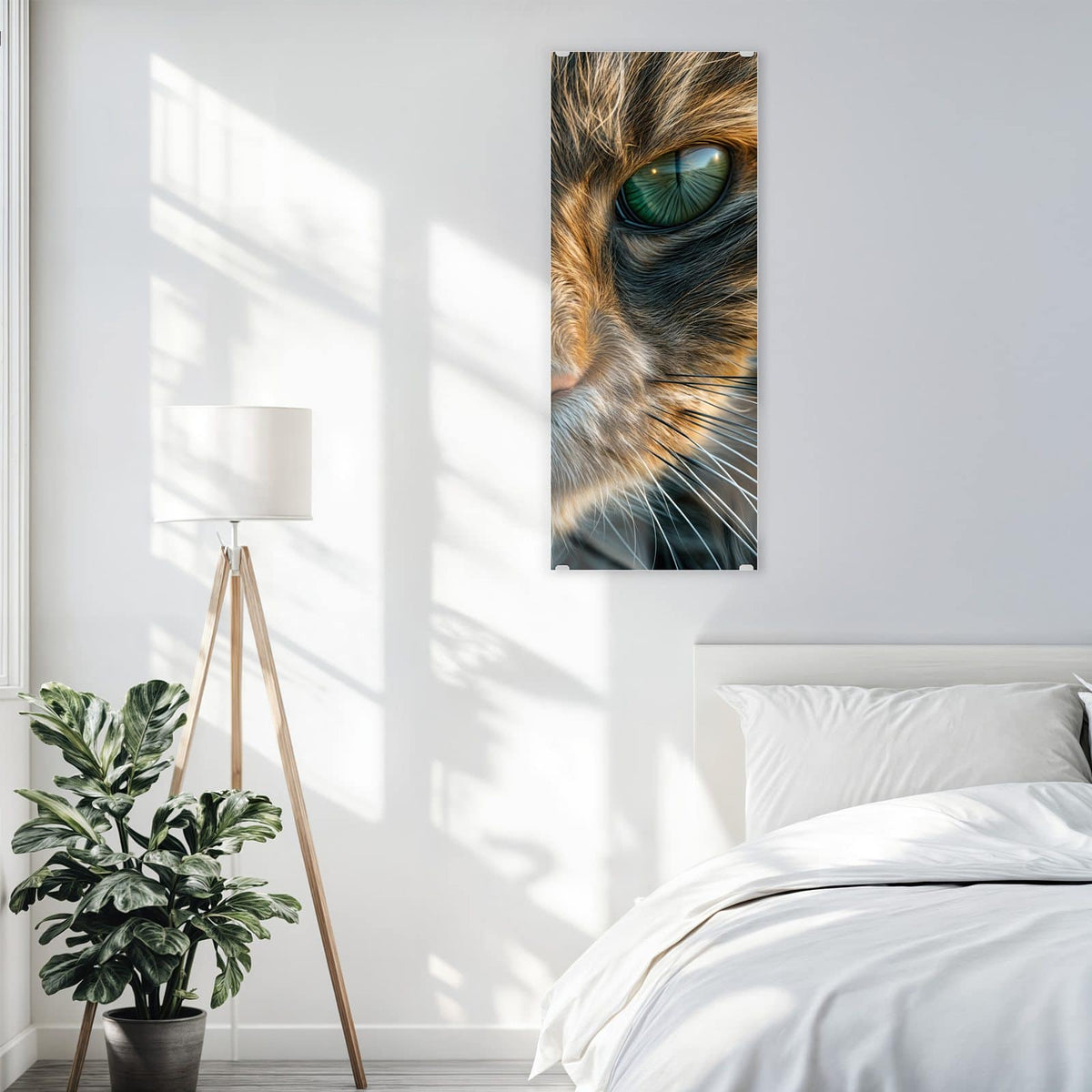Glasbild Getigerte Katze an der Wand – Formatfuellendes Gesicht einer getigerten Katze mit grünen Augen, warmes Braun-Grau-Fell