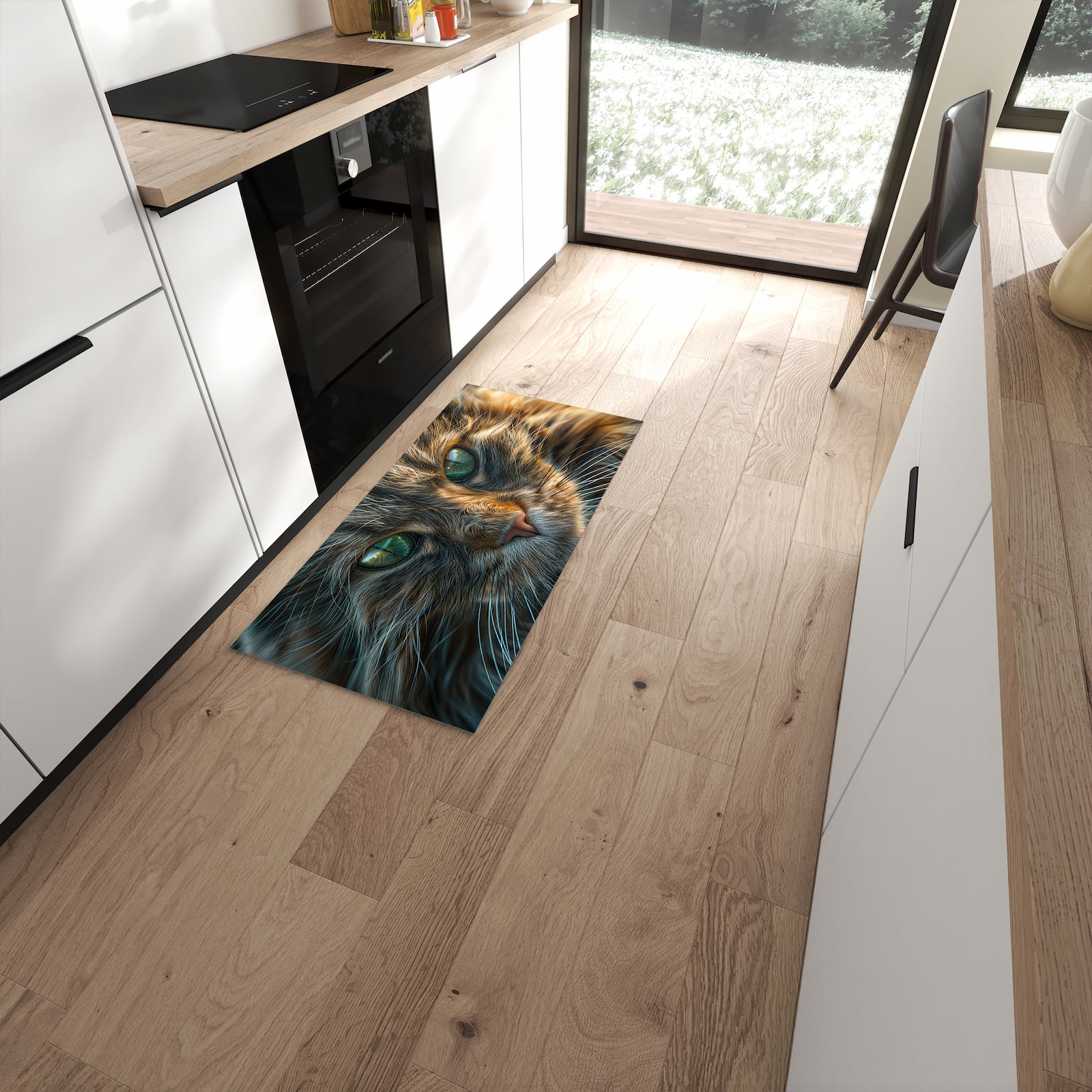 Komfortabler Küchenläufer mit Motiv Nahaufnahme Katze in Frontansicht für angenehmes Stehen