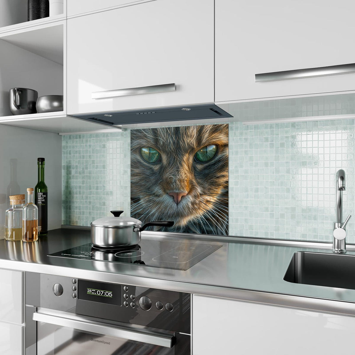 Küchenrückwand Getigerte Katze aus Glas – Katzenporträt mit grünen Augen