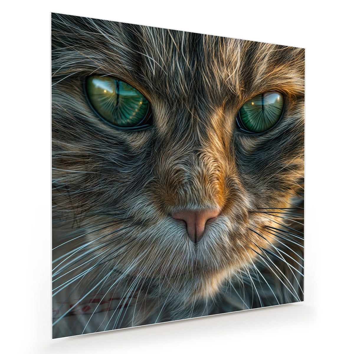 Formatfuellendes Gesicht einer getigerten Katze mit grünen Augen, warmes Braun-Grau-Fell