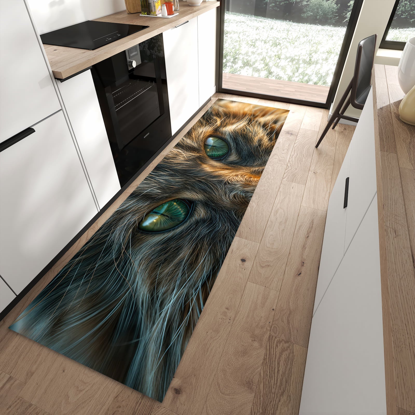 Rutschhemmender waschbarer Küchenläufer mit Motiv Nahaufnahme Katze in Frontansicht