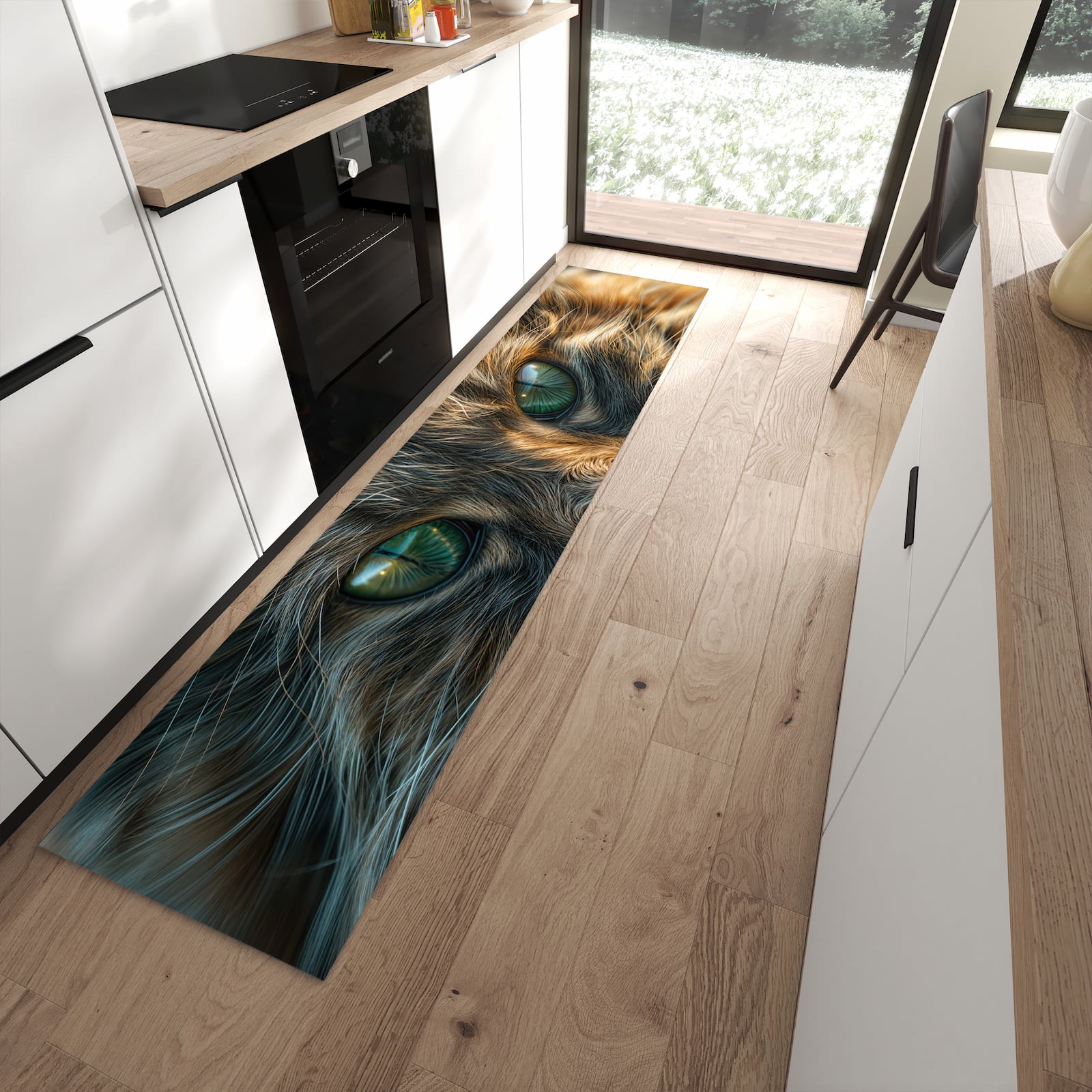 Geruchsneutraler waschbarer Teppich für die Küche mit Motiv Nahaufnahme Katze in Frontansicht