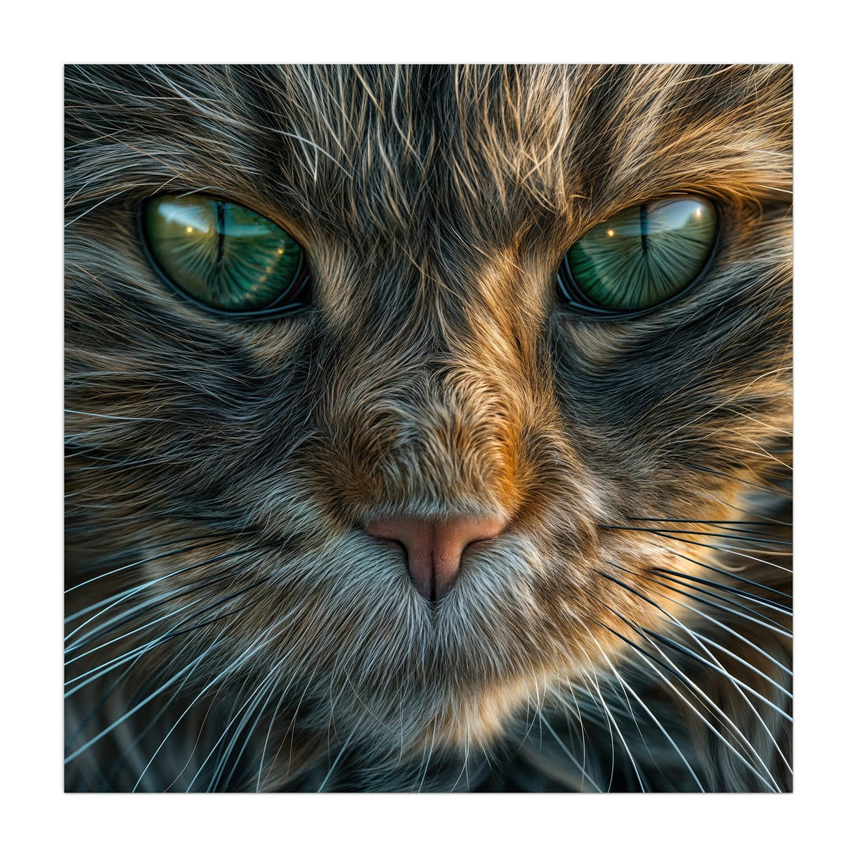 Formatfuellendes Gesicht einer getigerten Katze mit grünen Augen, warmes Braun-Grau-Fell